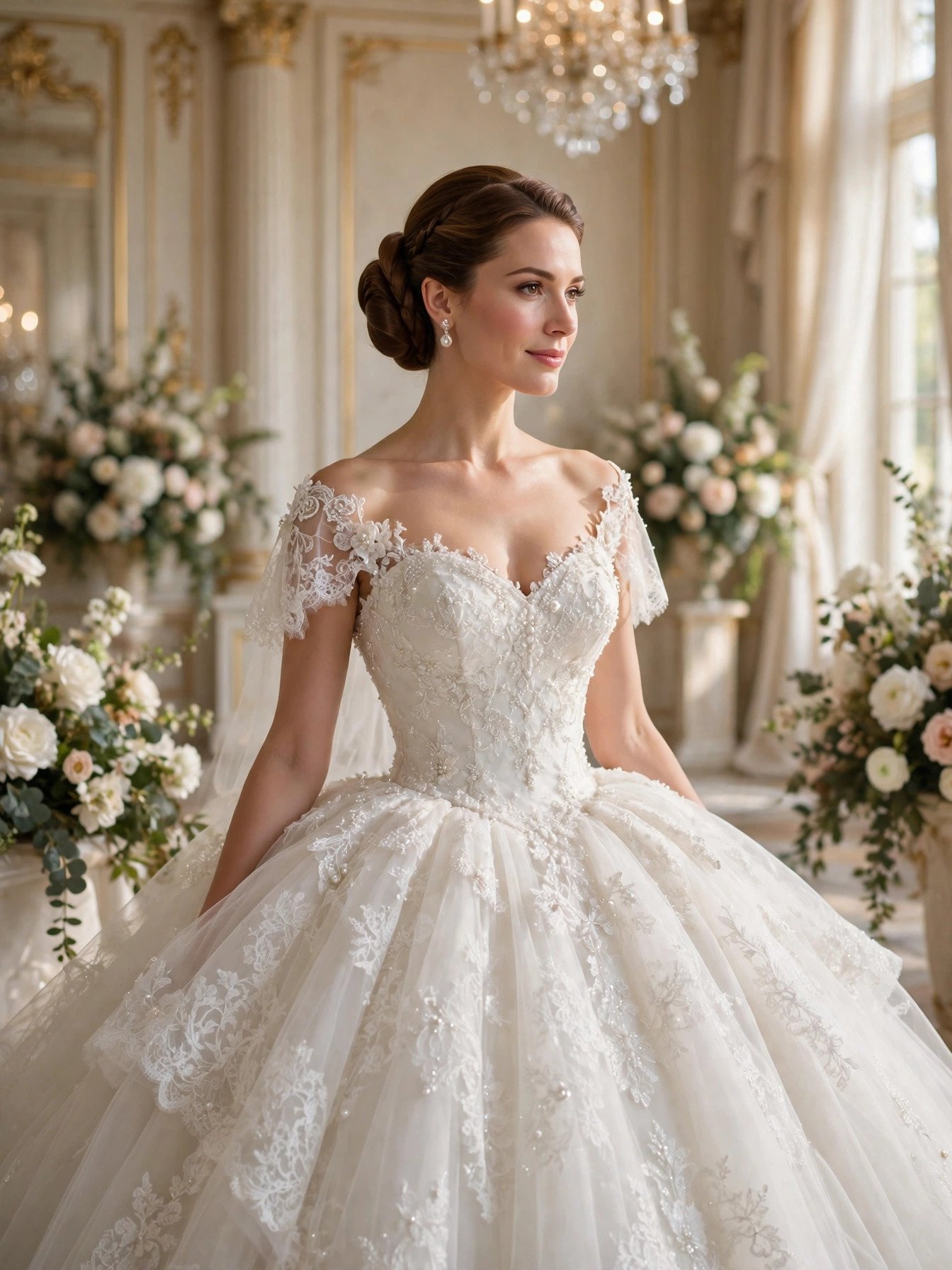 Bride in ball gown with polished elegant updo