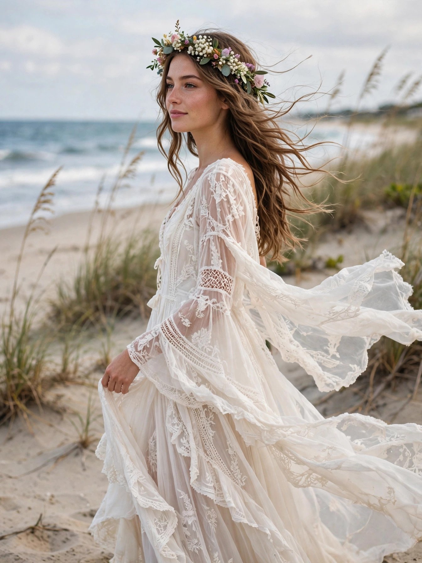 Beach bride with loose boho waves and flower crown