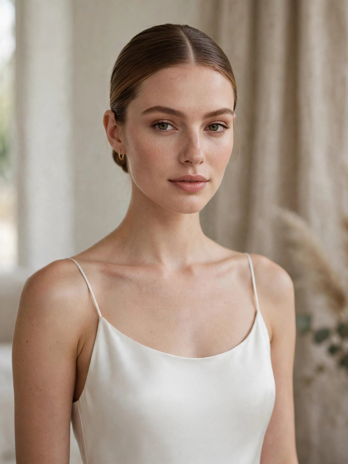 Modern bride in minimalist slip dress with sleek elegant bun
