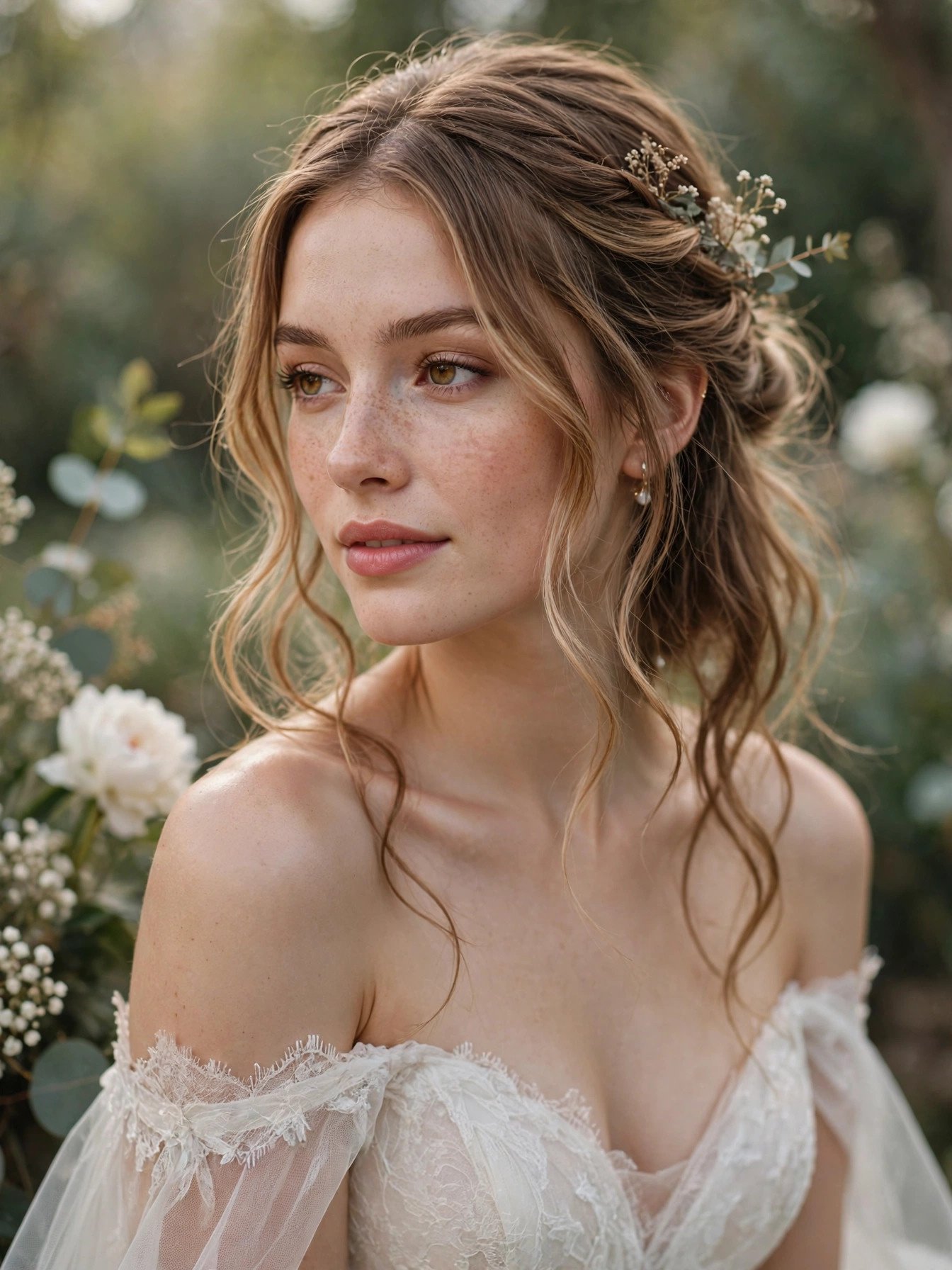 Bride in off-shoulder gown with romantic half-up hairstyle
