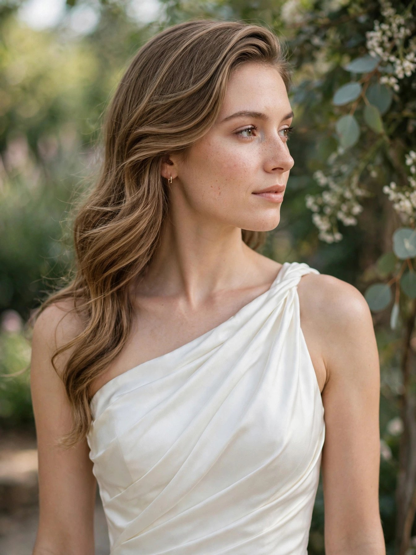 Bride in one-shoulder gown with elegant side-swept hairstyle