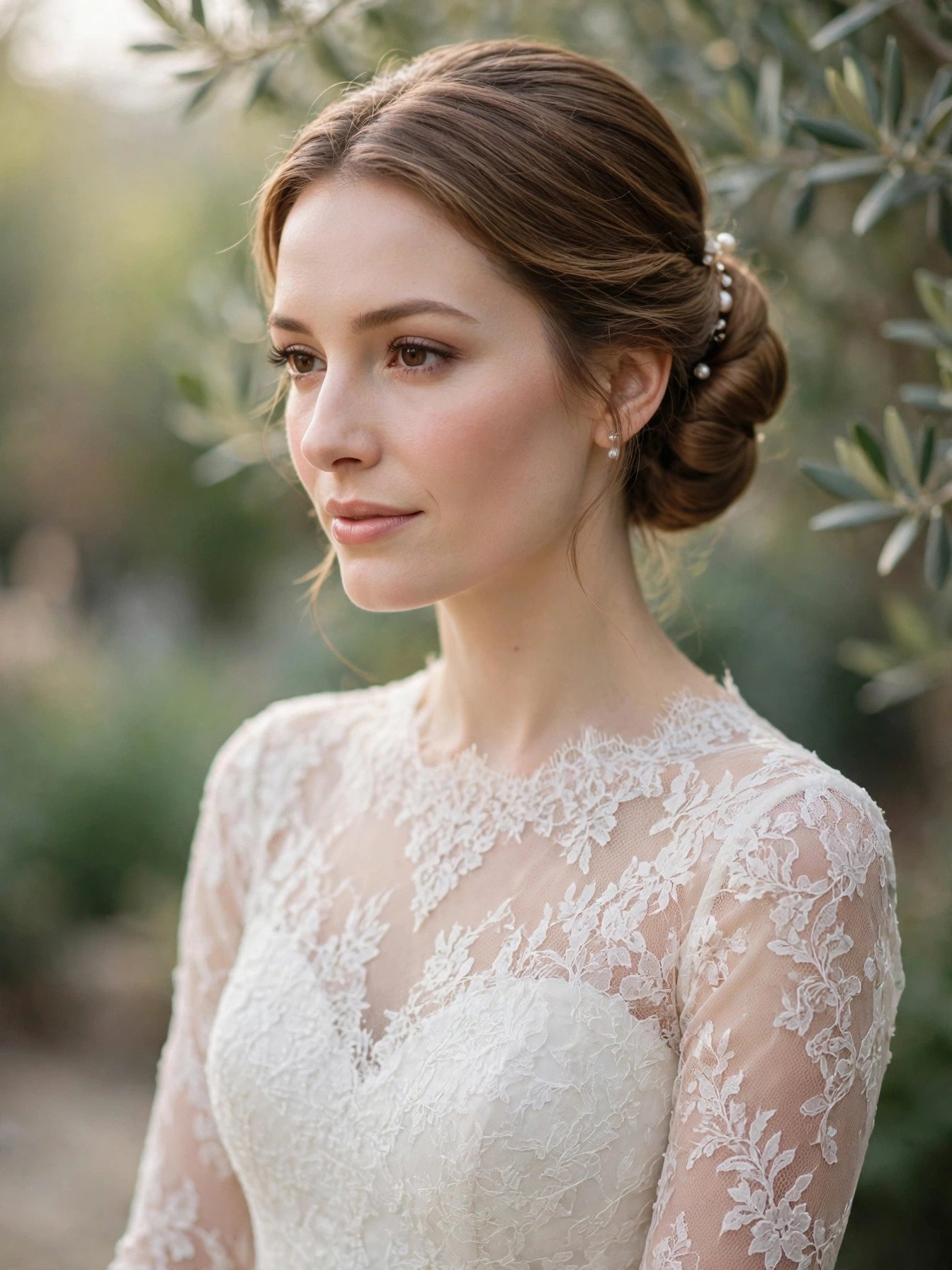 Bride in long-sleeve lace gown with classic chignon hairstyle