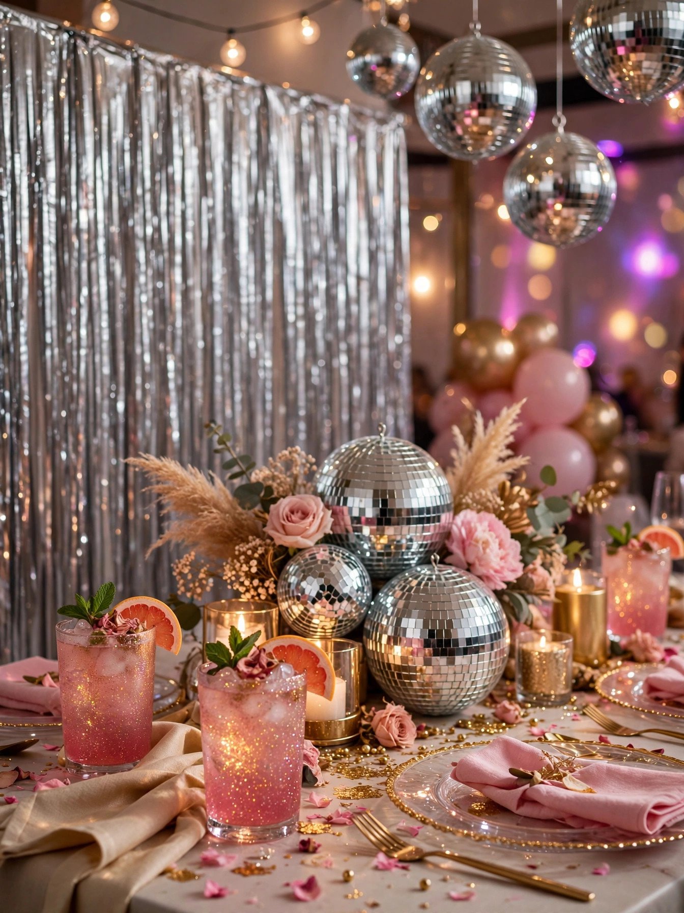 Disco glam bridal shower with mirrored balls, shimmer and pink lights