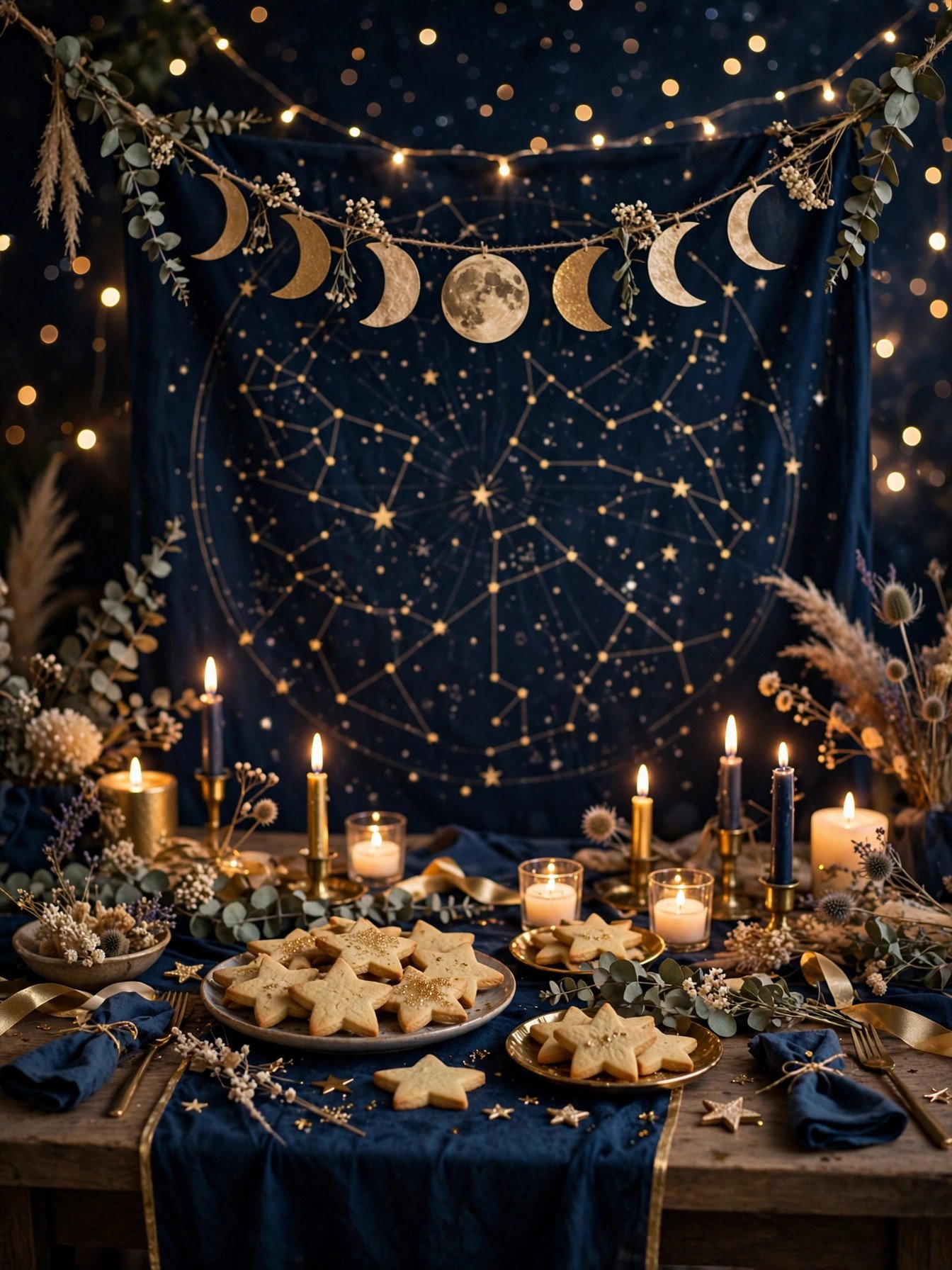Celestial starry night bridal shower with navy gold stars and moon decor