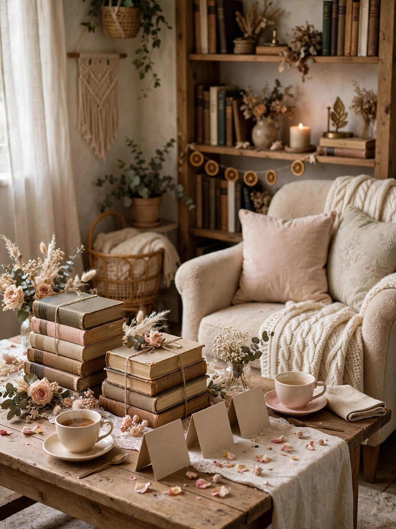 Literary book lover bridal shower with stacked books, quotes and cozy reading nook