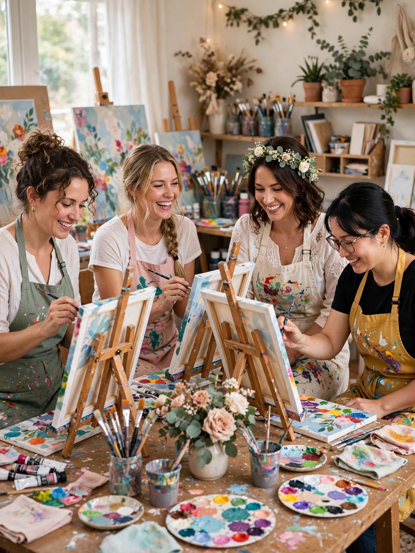 Paint party art studio bridal shower with guests painting canvases