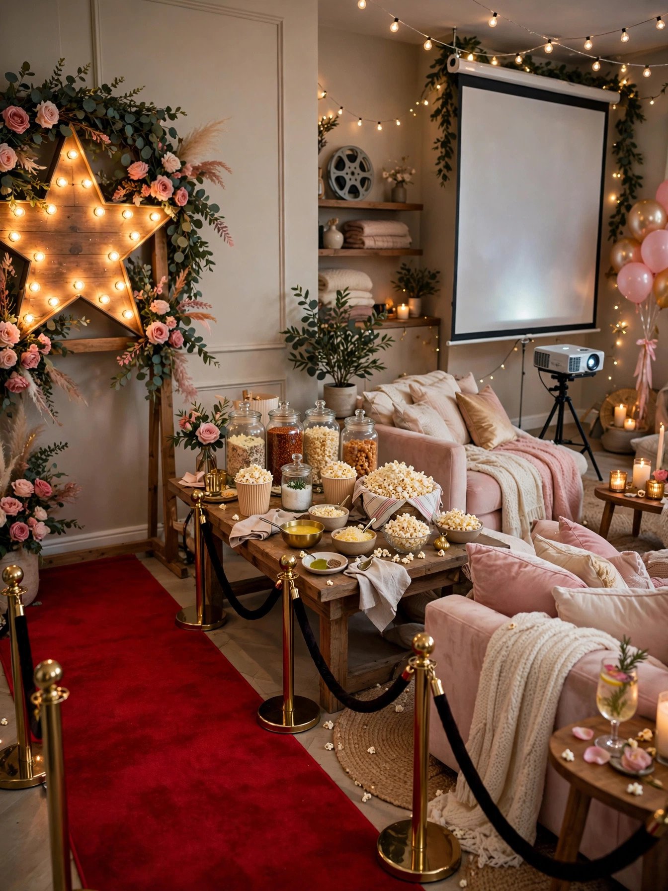 Cinema movie night bridal shower with marquee sign, popcorn and red carpet
