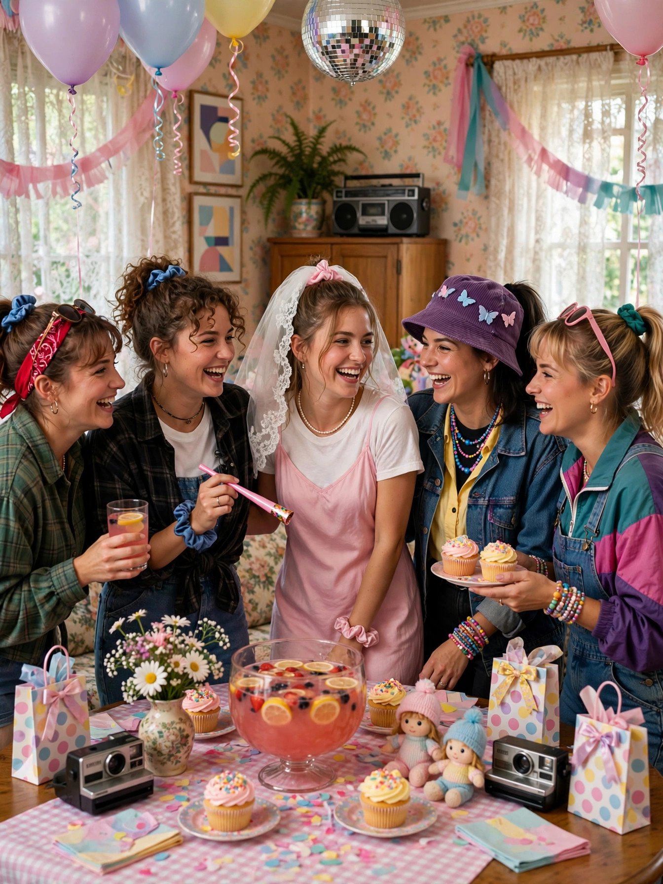 Decades throwback bridal shower with retro costumes and vintage decor