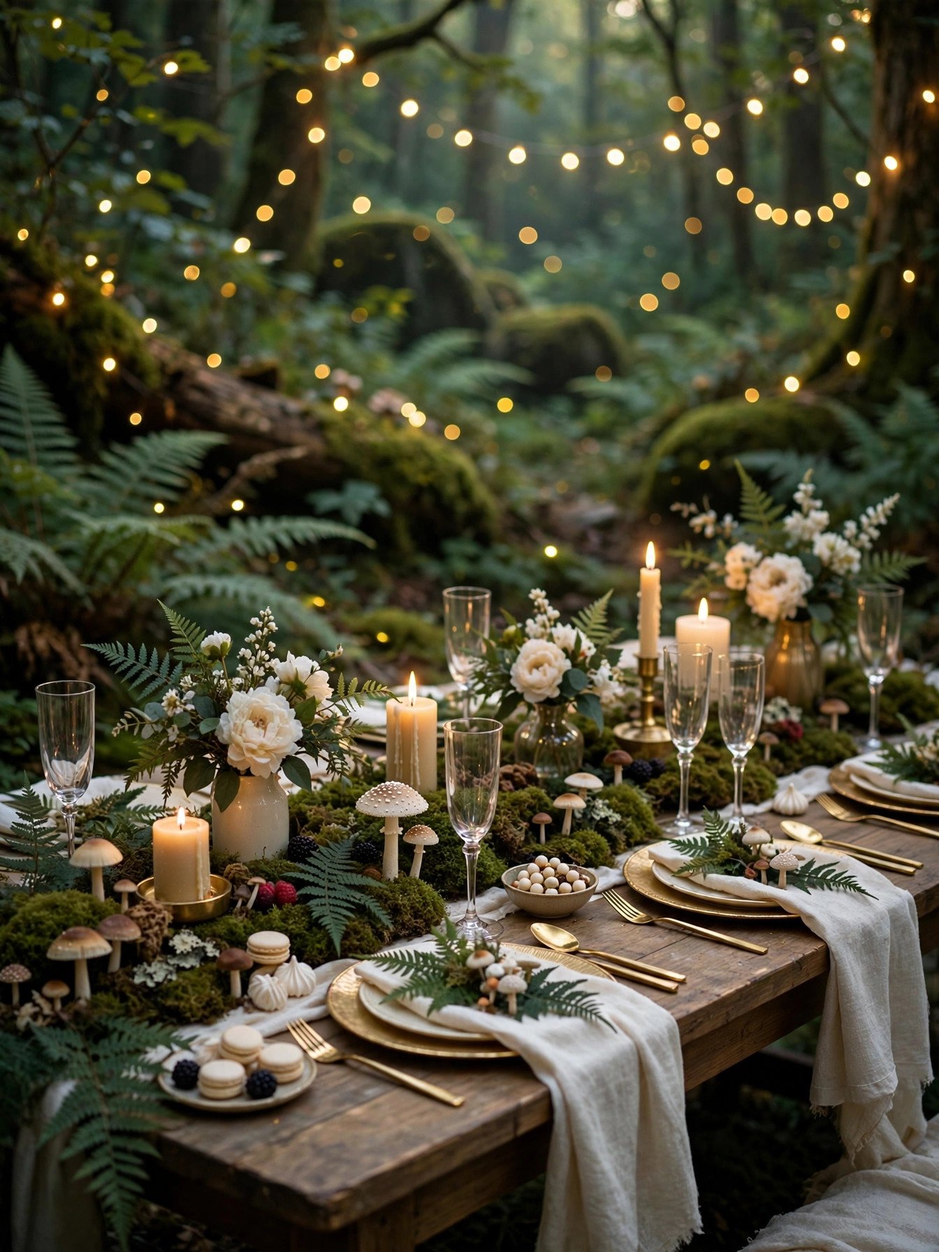 Enchanted woodland bridal shower with moss, fairy lights and forest decor