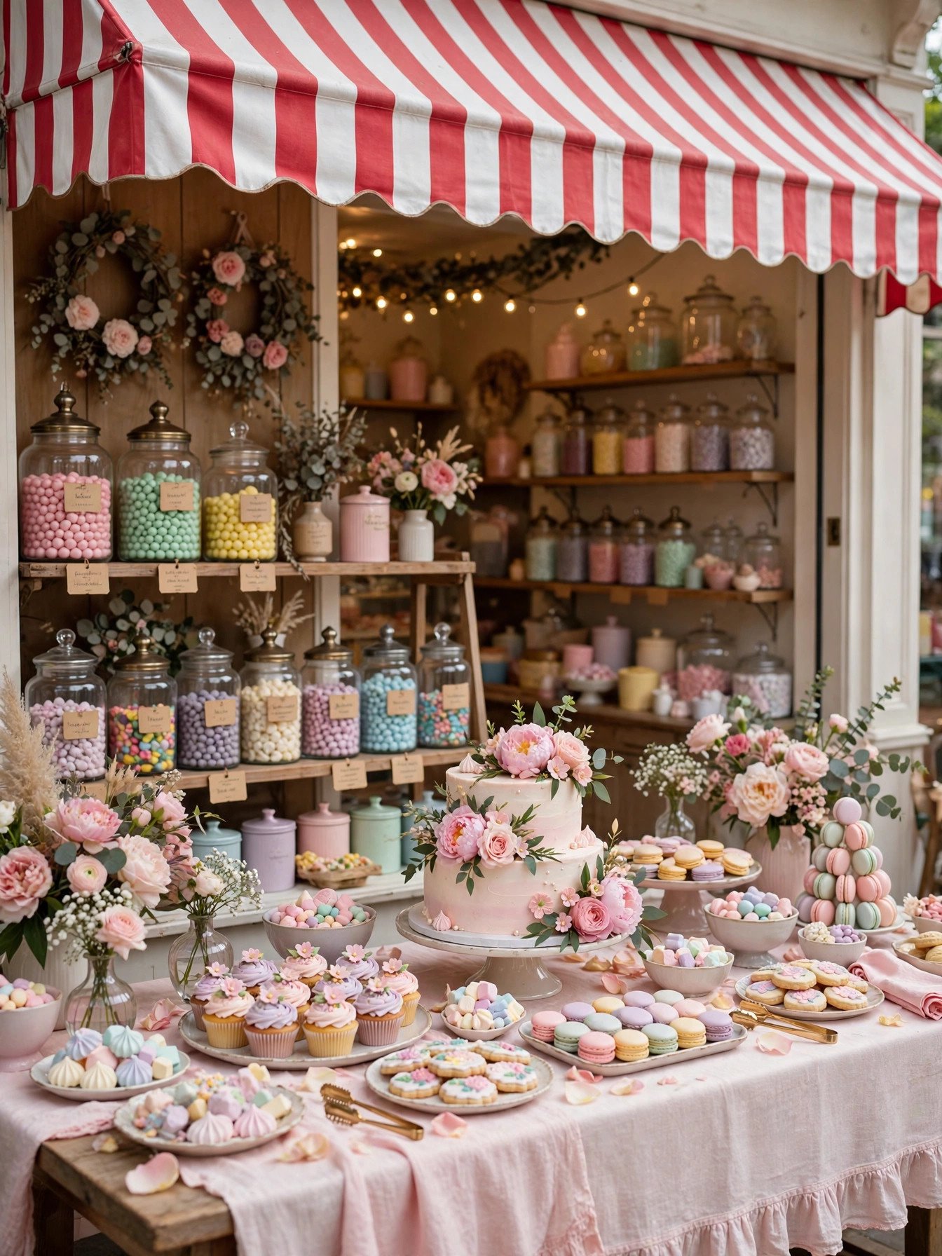 Sweet shop bakery bridal shower with candy displays, pastel desserts and cake