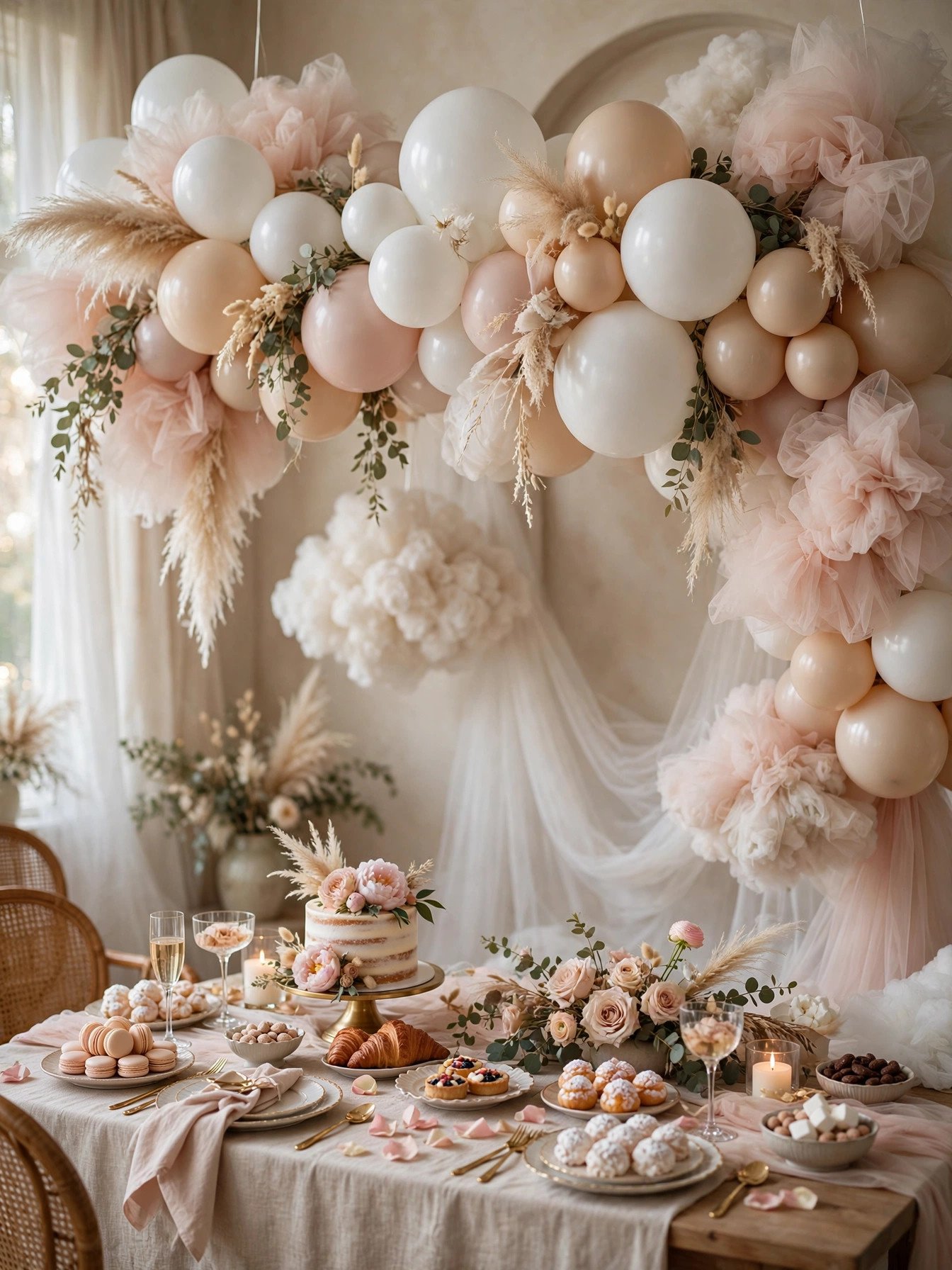 Cloud nine balloon bridal shower with giant balloon installation and pastel clouds