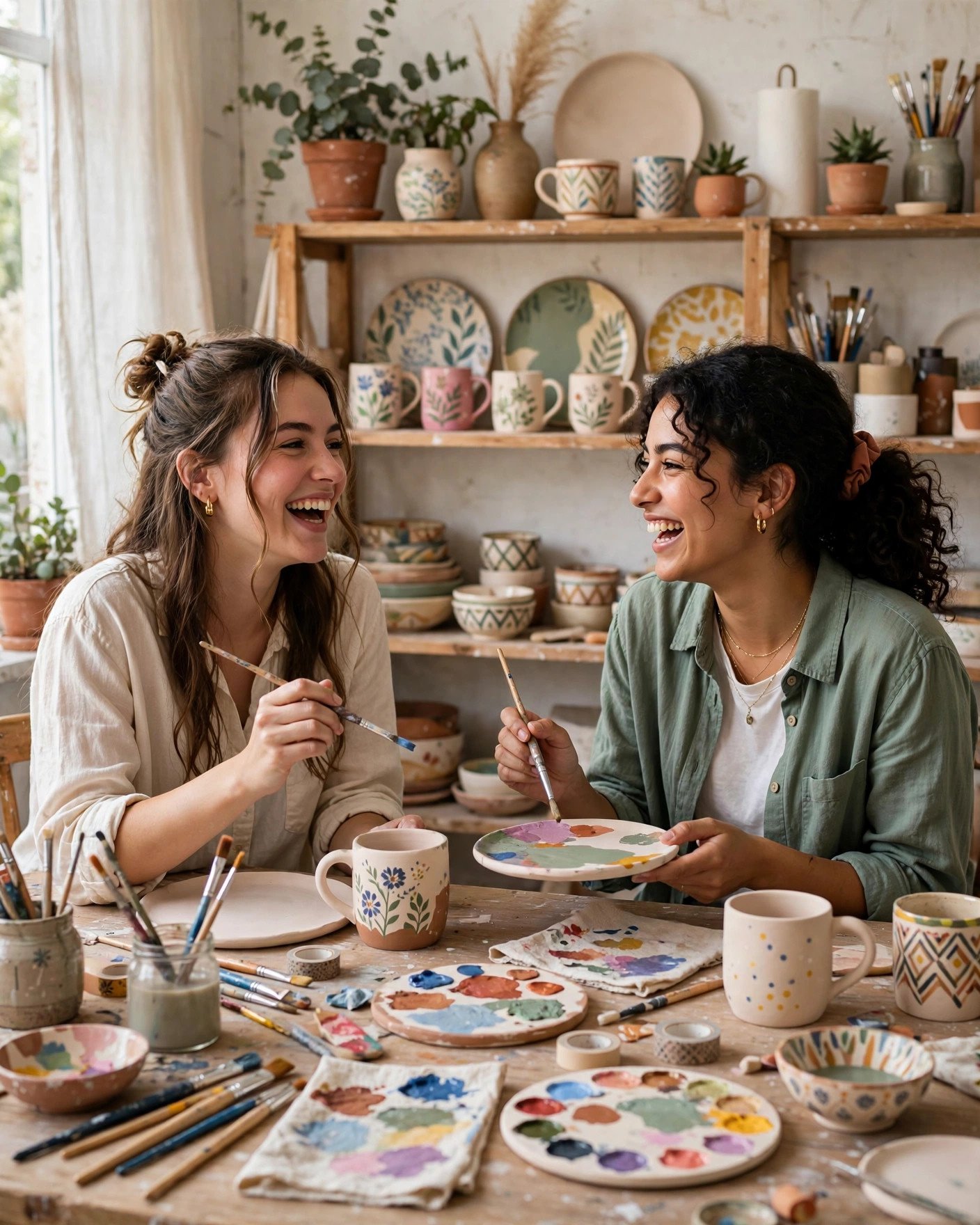 Bridal shower guests painting pottery pieces at a craft studio