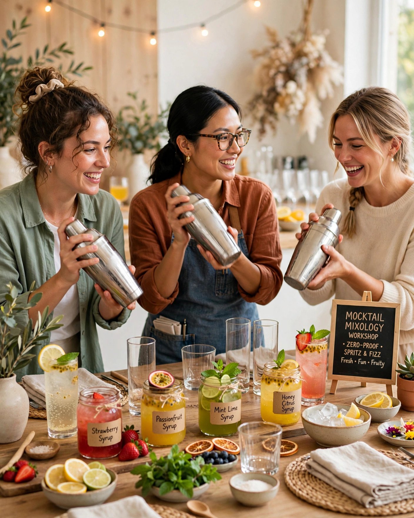 Bridal shower guests shaking colorful mocktails at a mixology workshop