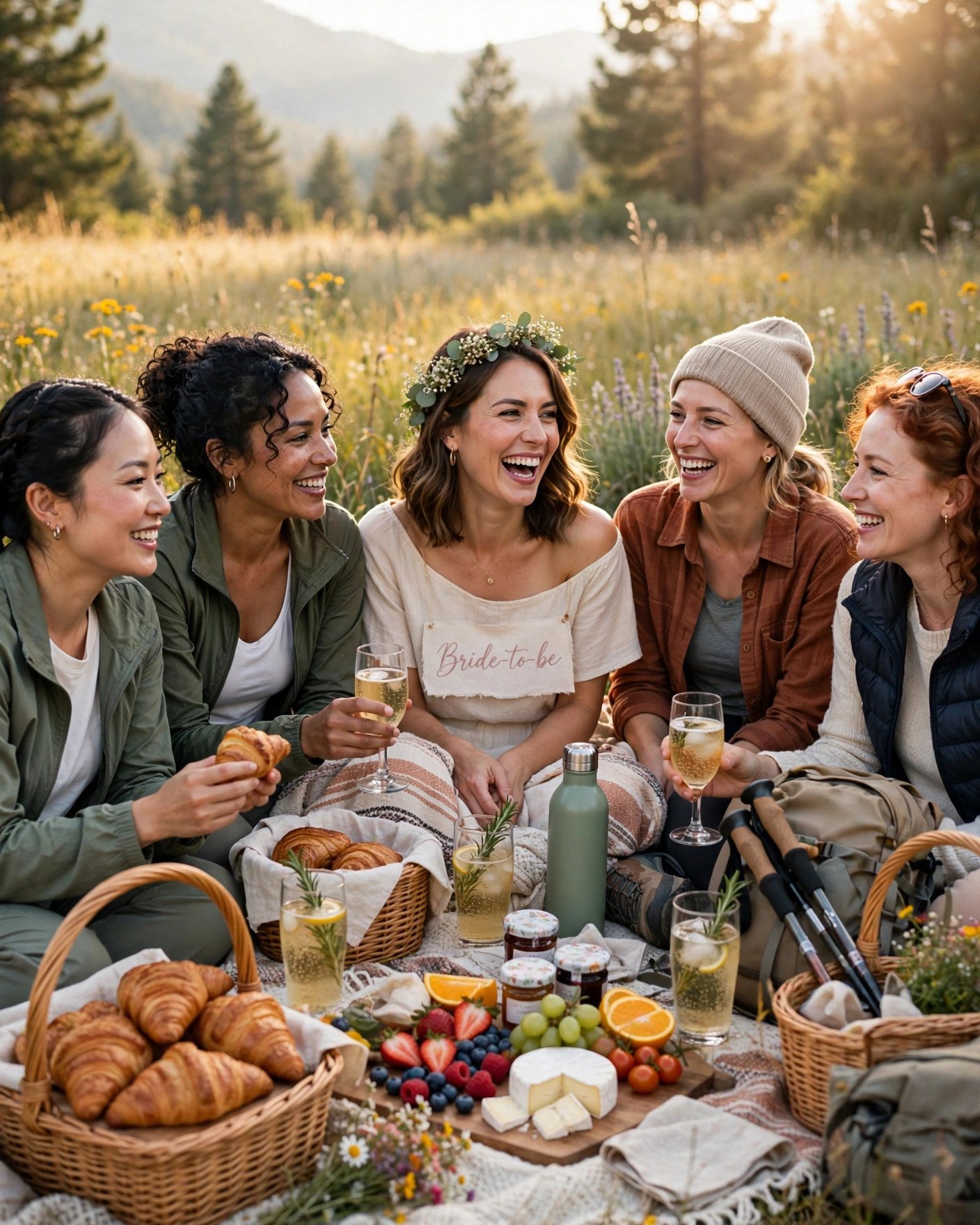 Bridal shower group enjoying a picnic brunch after a morning hike