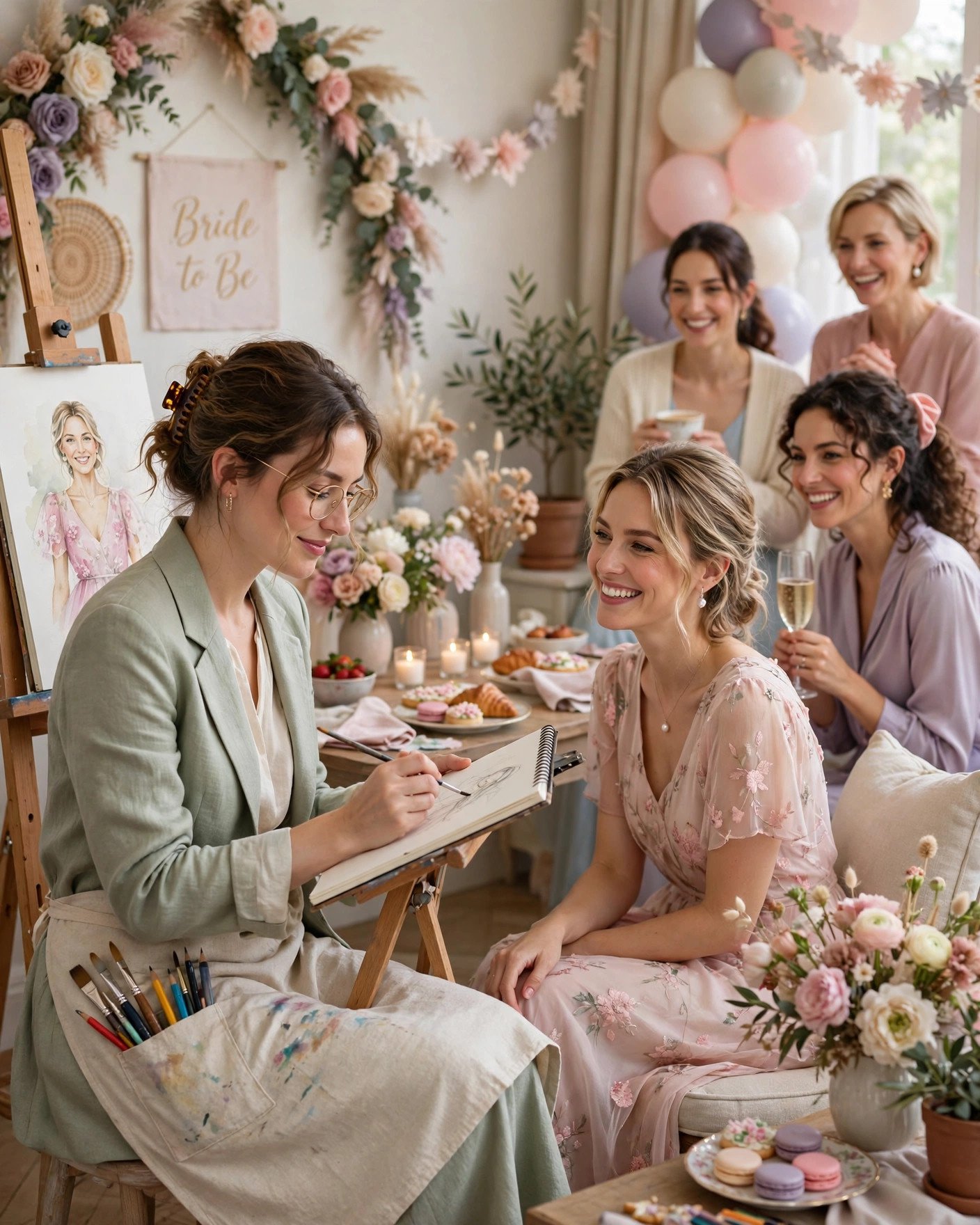 Fashion illustrator sketching a guest at a bridal shower party