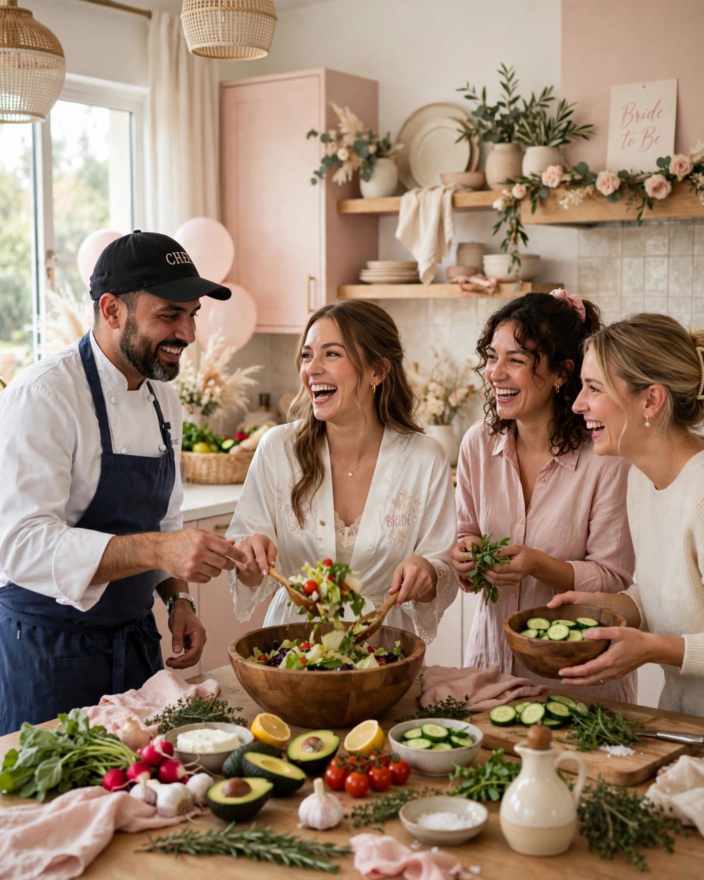 Bridal shower guests laughing together at a chef-led cooking party