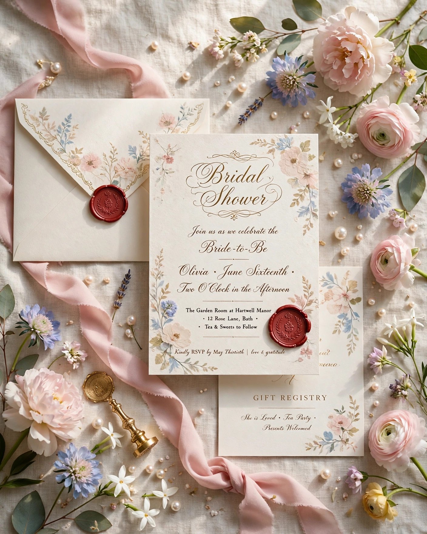 Bridgerton style bridal shower invitations flatlay with wax seal and florals