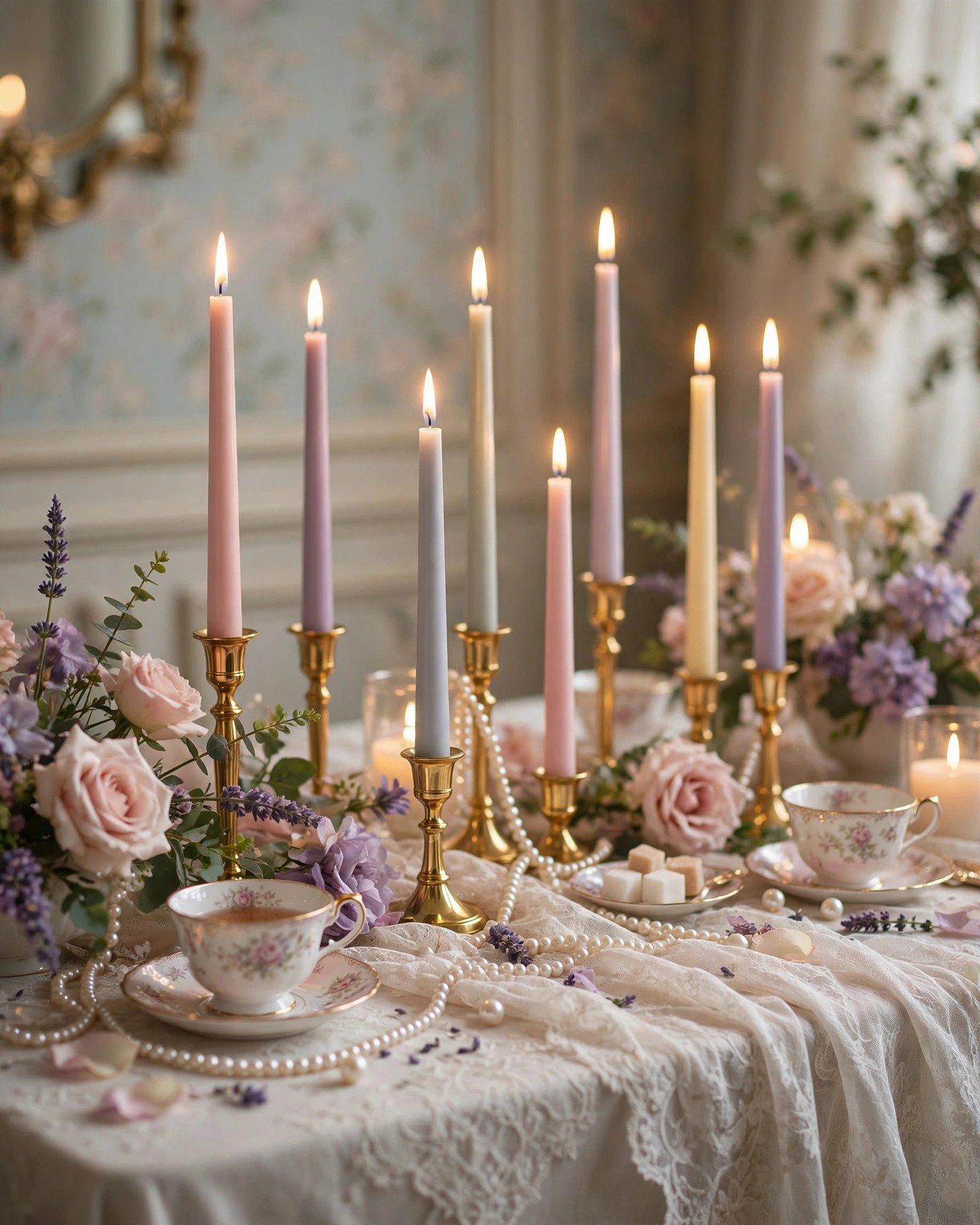 Bridgerton bridal shower decor with candles lace and pastel flowers