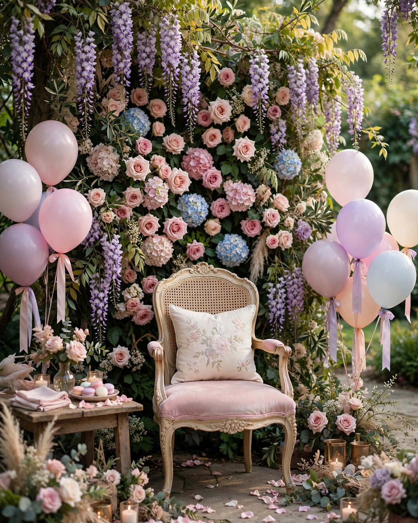 Bridgerton bridal shower floral backdrop wall with roses and hydrangeas