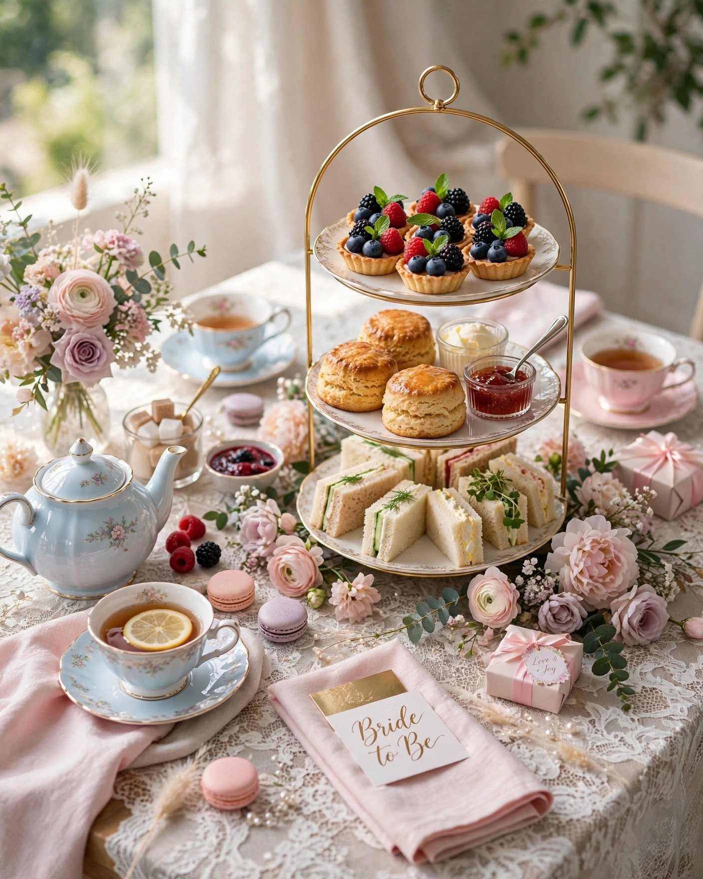 Bridgerton bridal shower tea party menu with sandwiches scones and tarts