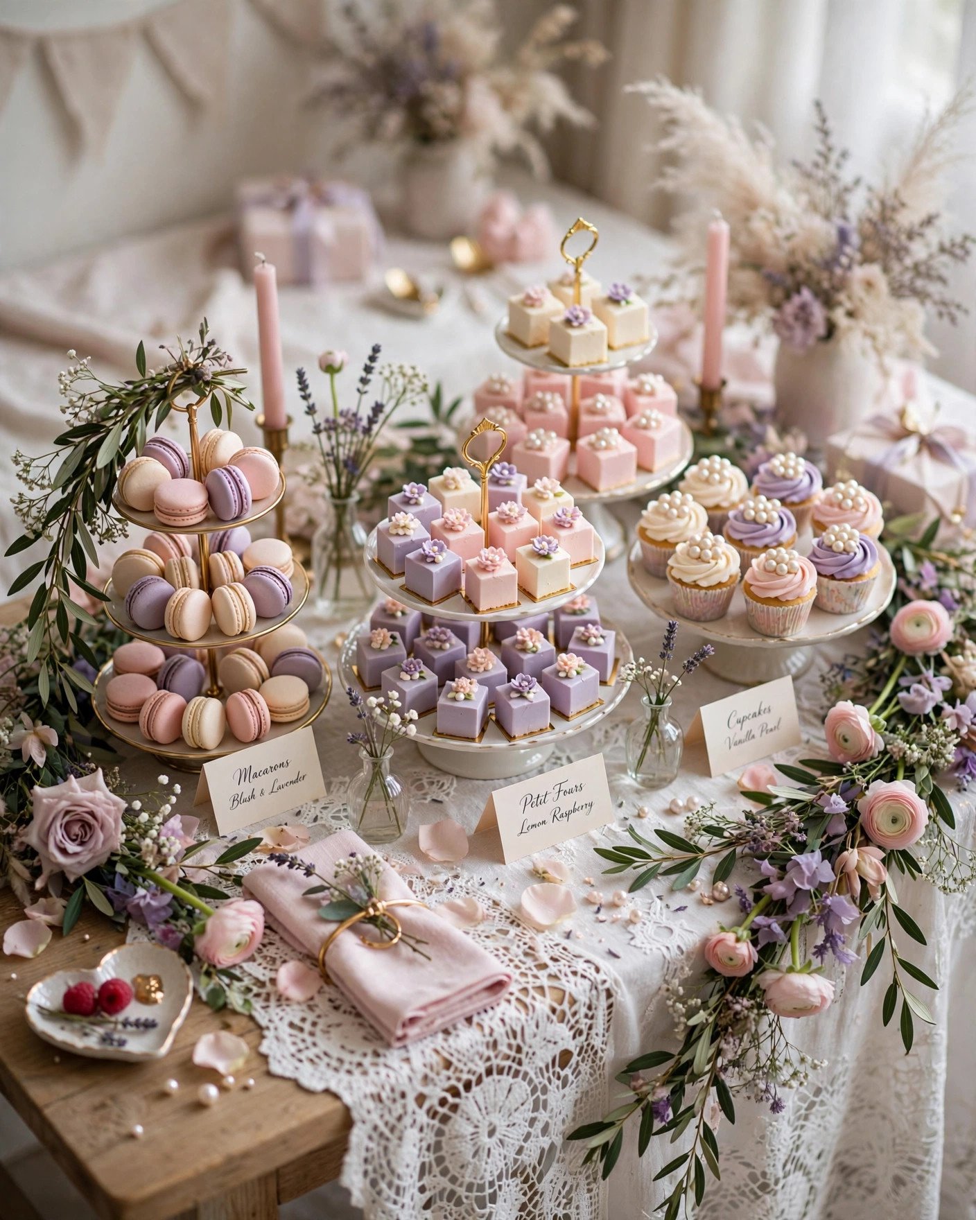 Bridgerton bridal shower pastel dessert table with macarons and petit fours