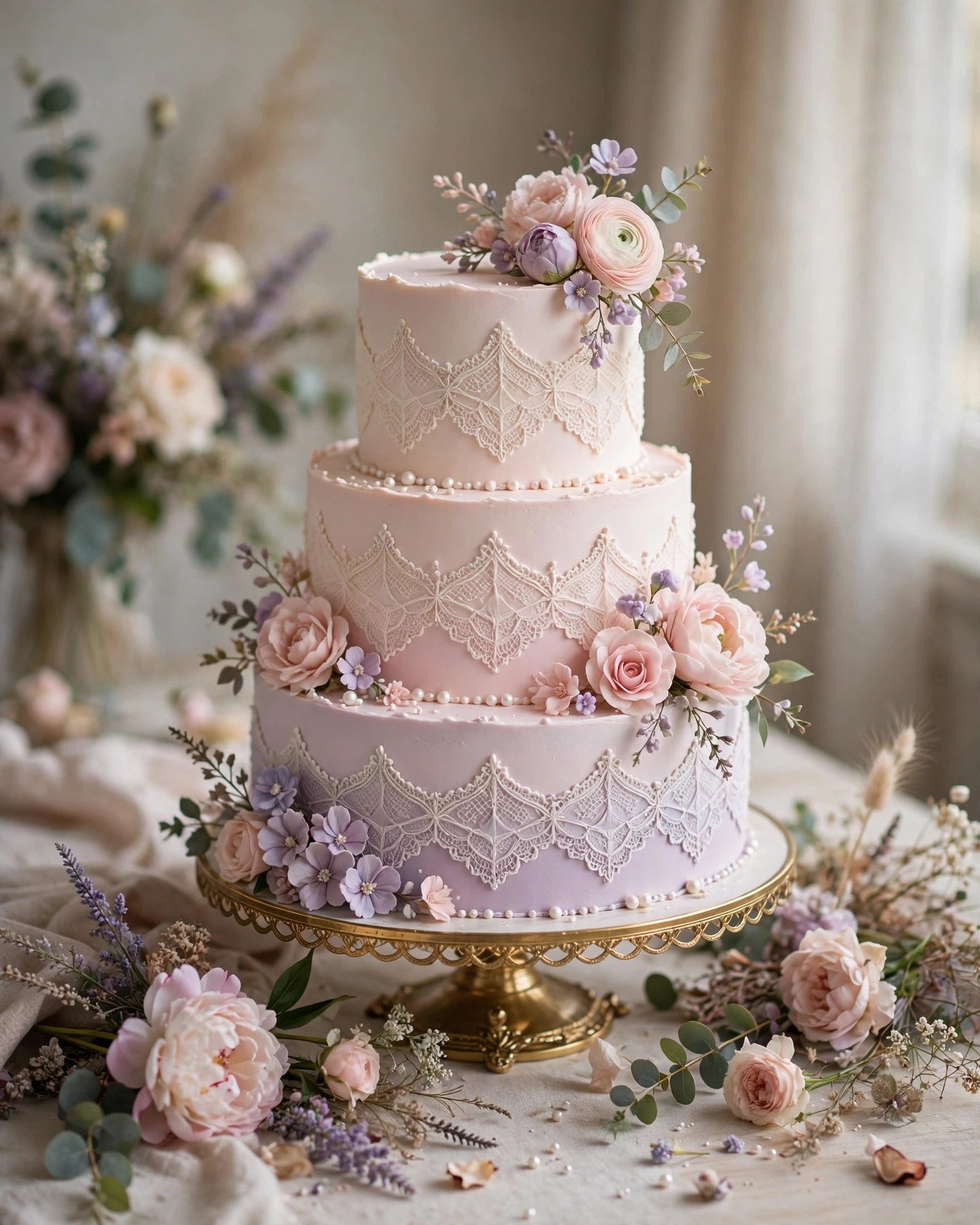 Bridgerton bridal shower tiered cake with pastel sugar flowers