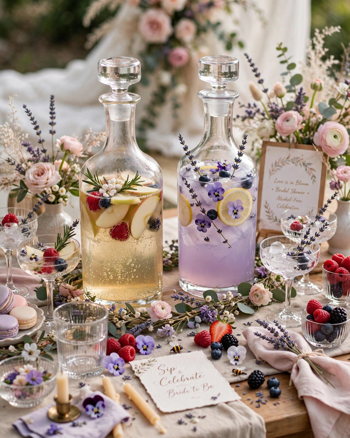 Bridgerton bridal shower sparkling drink bar with cider lemonade and flowers