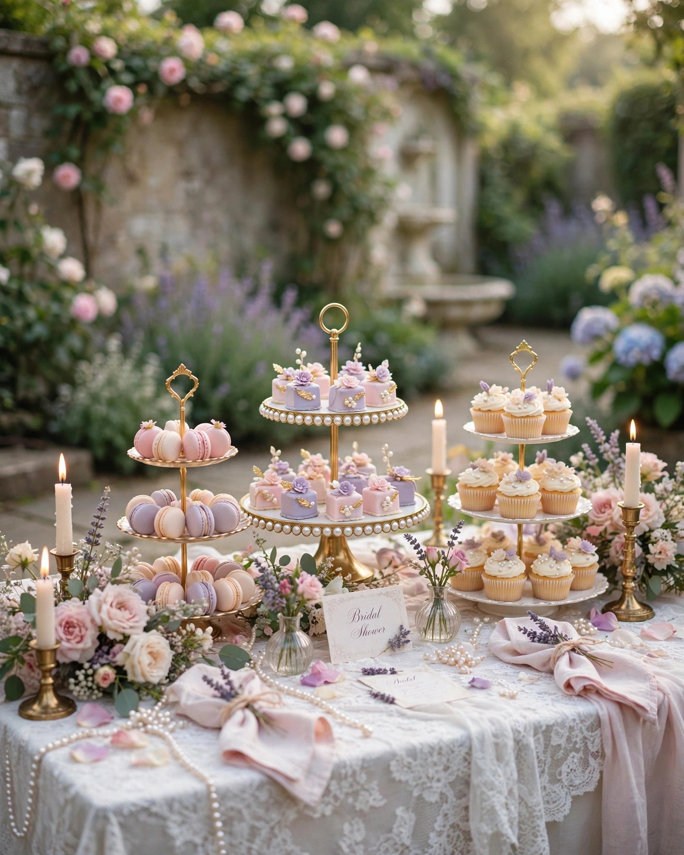 Pastel Regency-style bridal shower dessert table with macarons and flowers