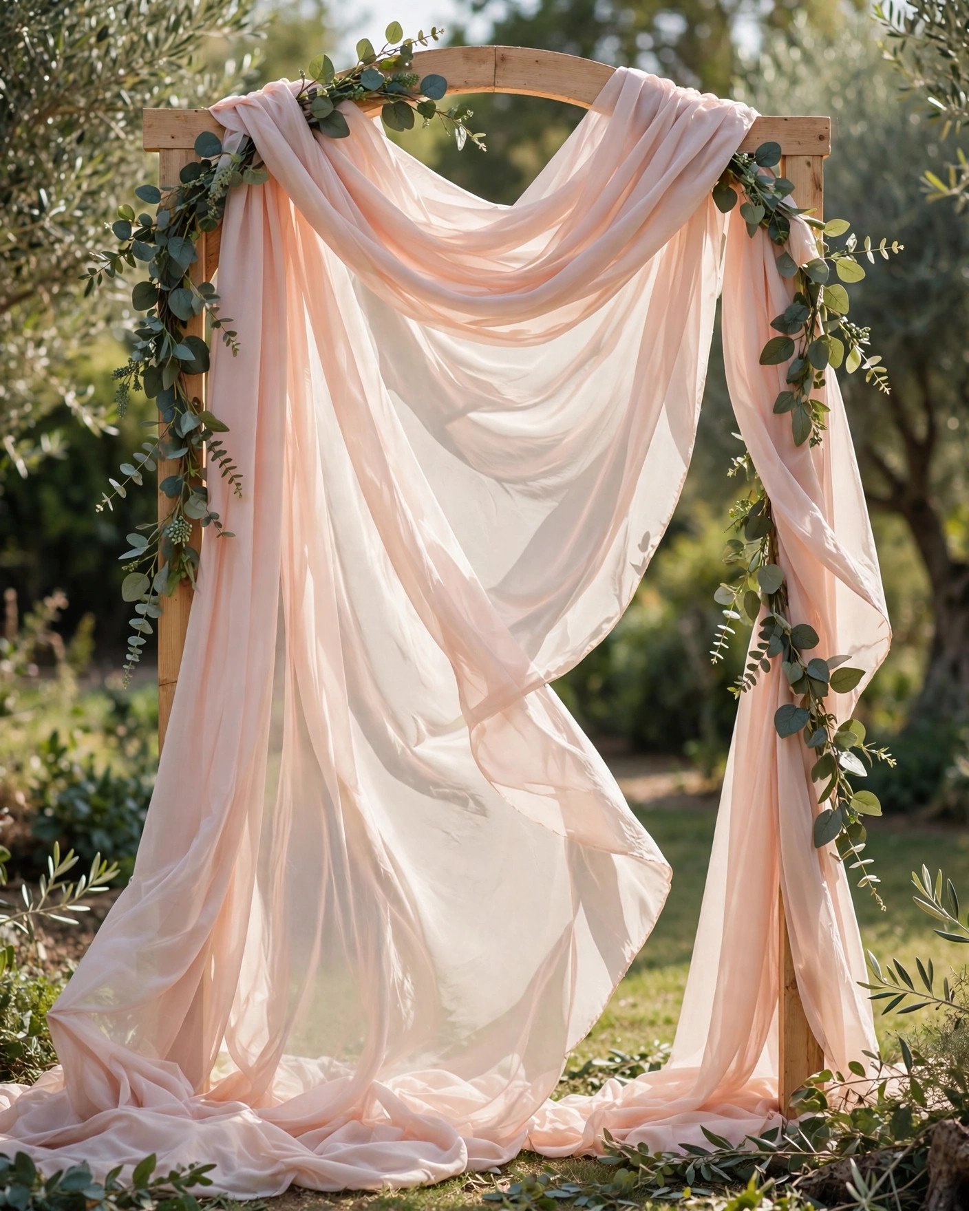 Draped fabric wedding backdrop in blush tones budget decor idea