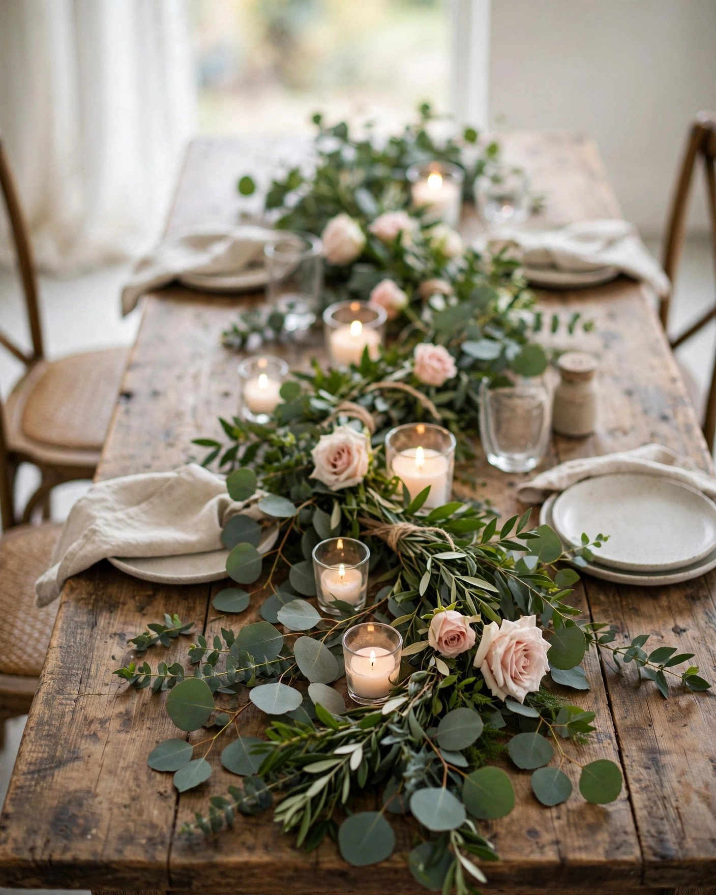 Greenery garland wedding table decor with eucalyptus budget florals