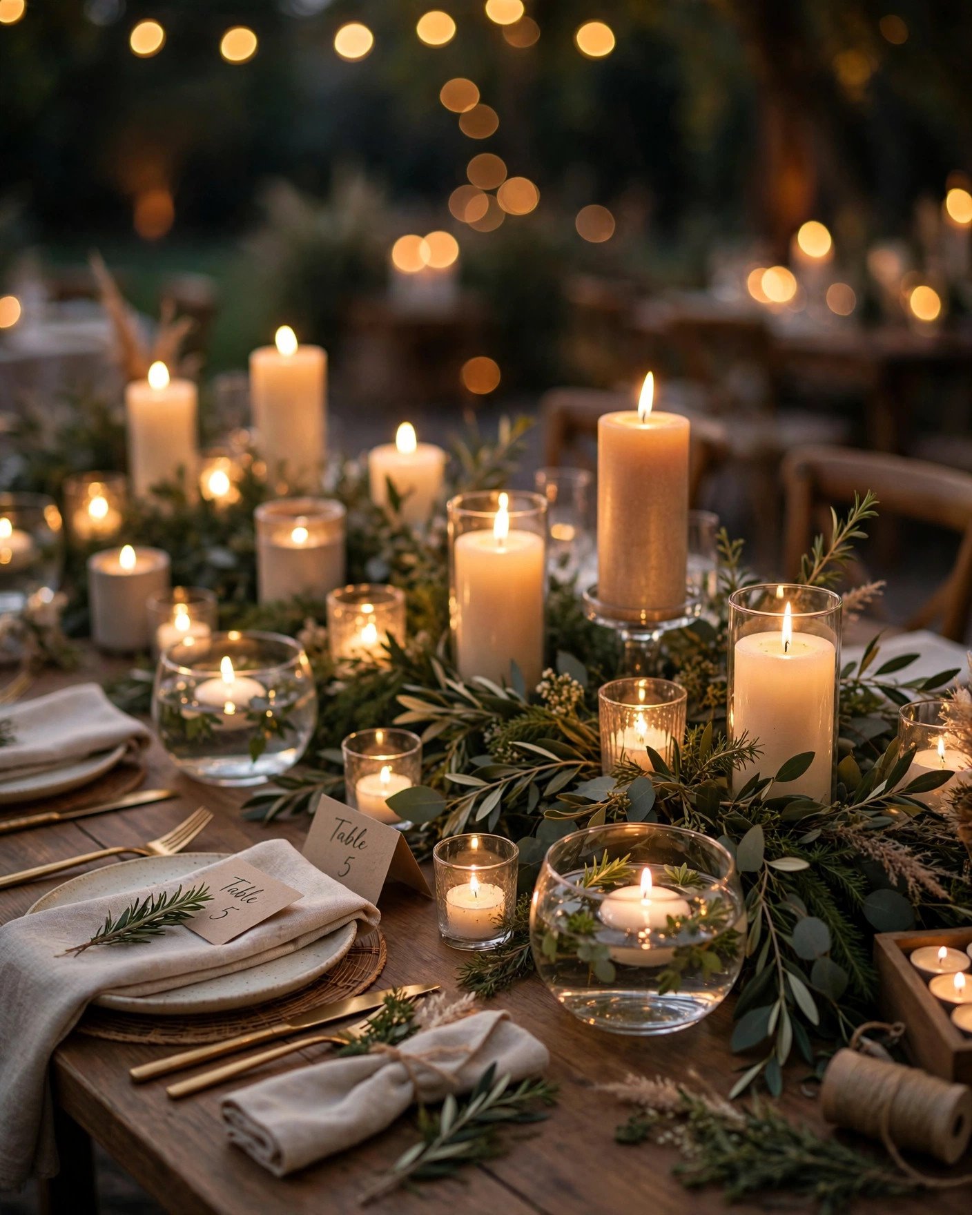 Layered candles wedding table decor with warm glow budget lighting