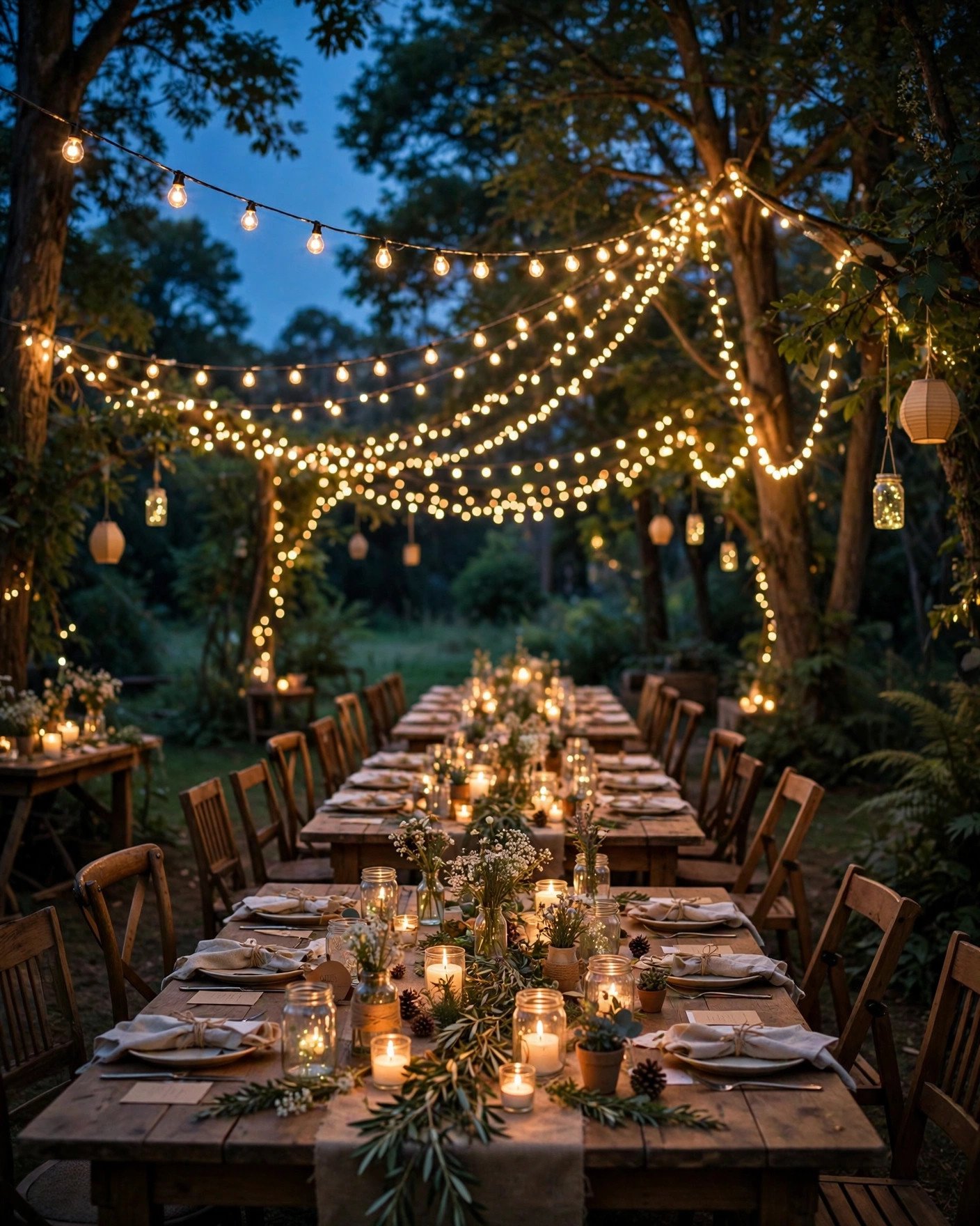 Fairy lights draped over wedding reception ceiling budget decor