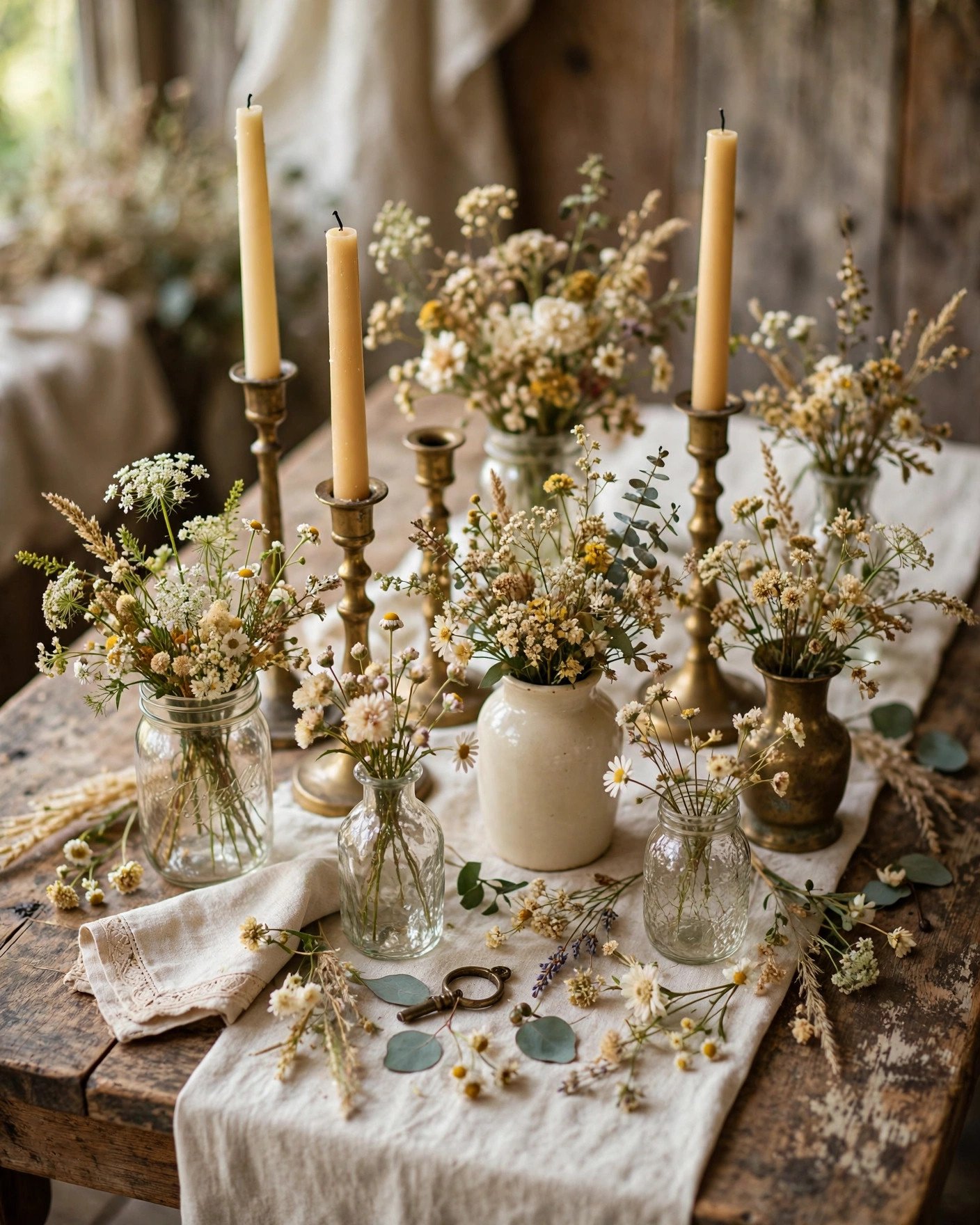 Thrifted vintage vases and jars wedding centerpieces budget decor