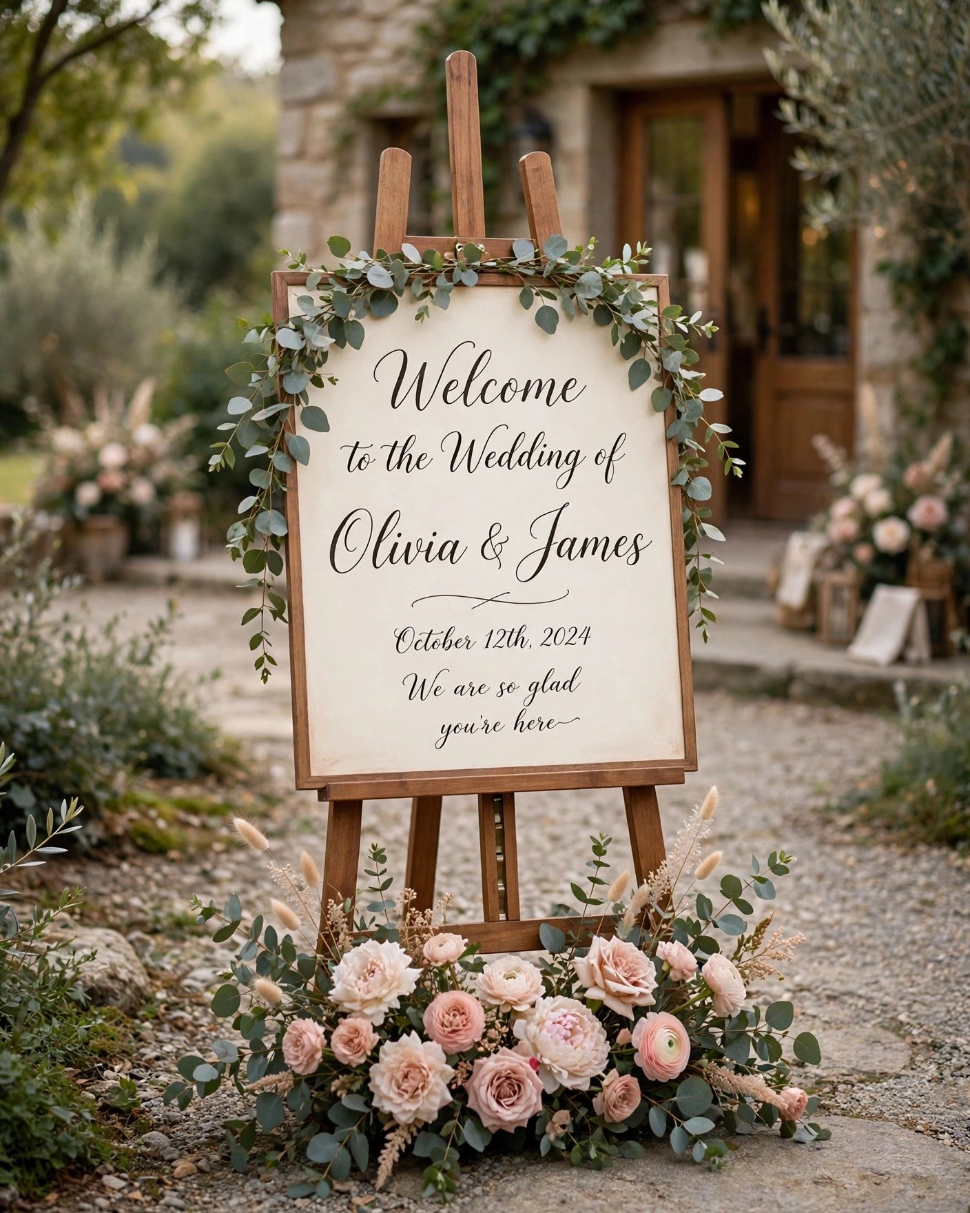 Hand-lettered wedding welcome sign with flowers budget signage