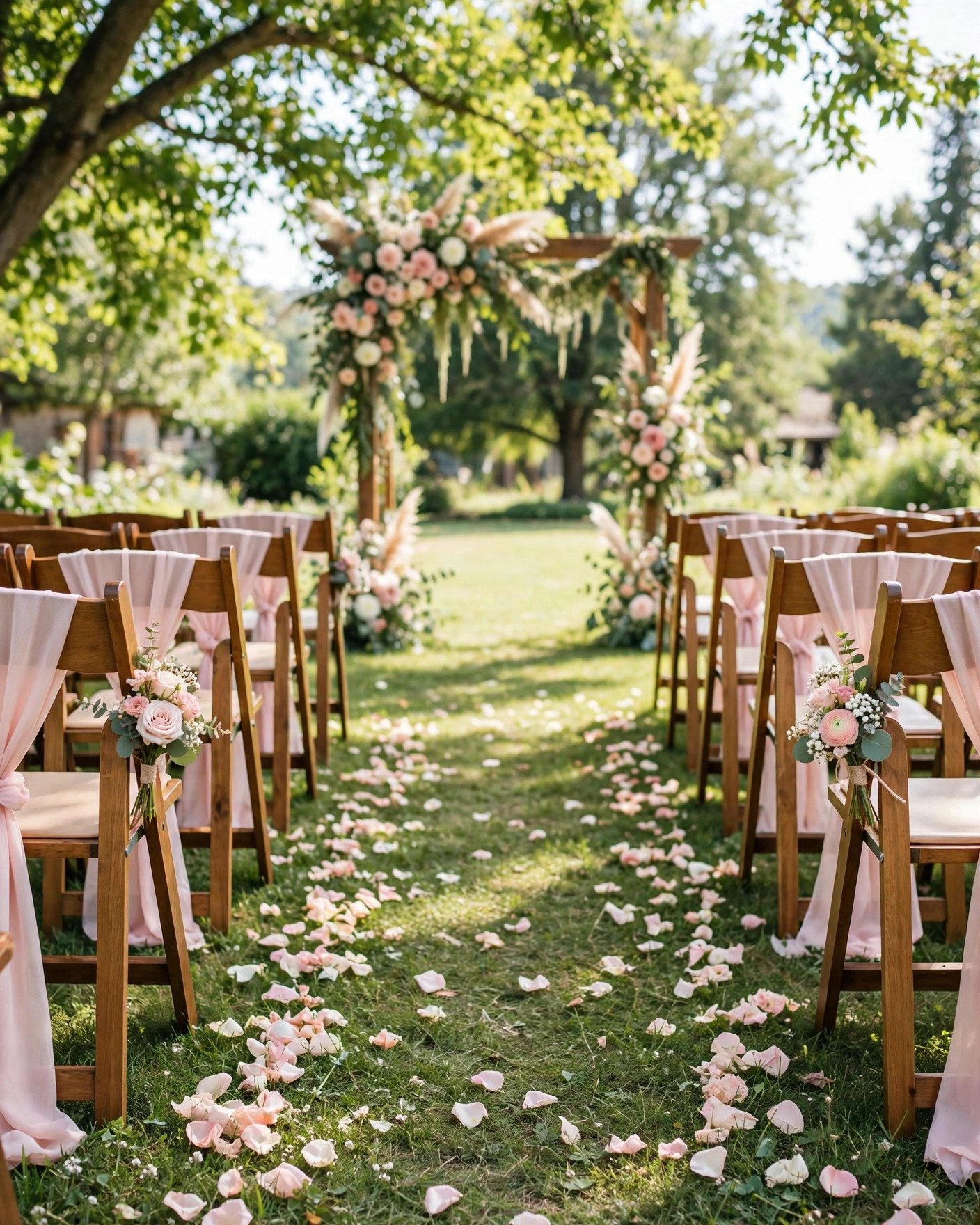 Wedding ceremony chairs decorated with flowers and fabric budget aisle decor