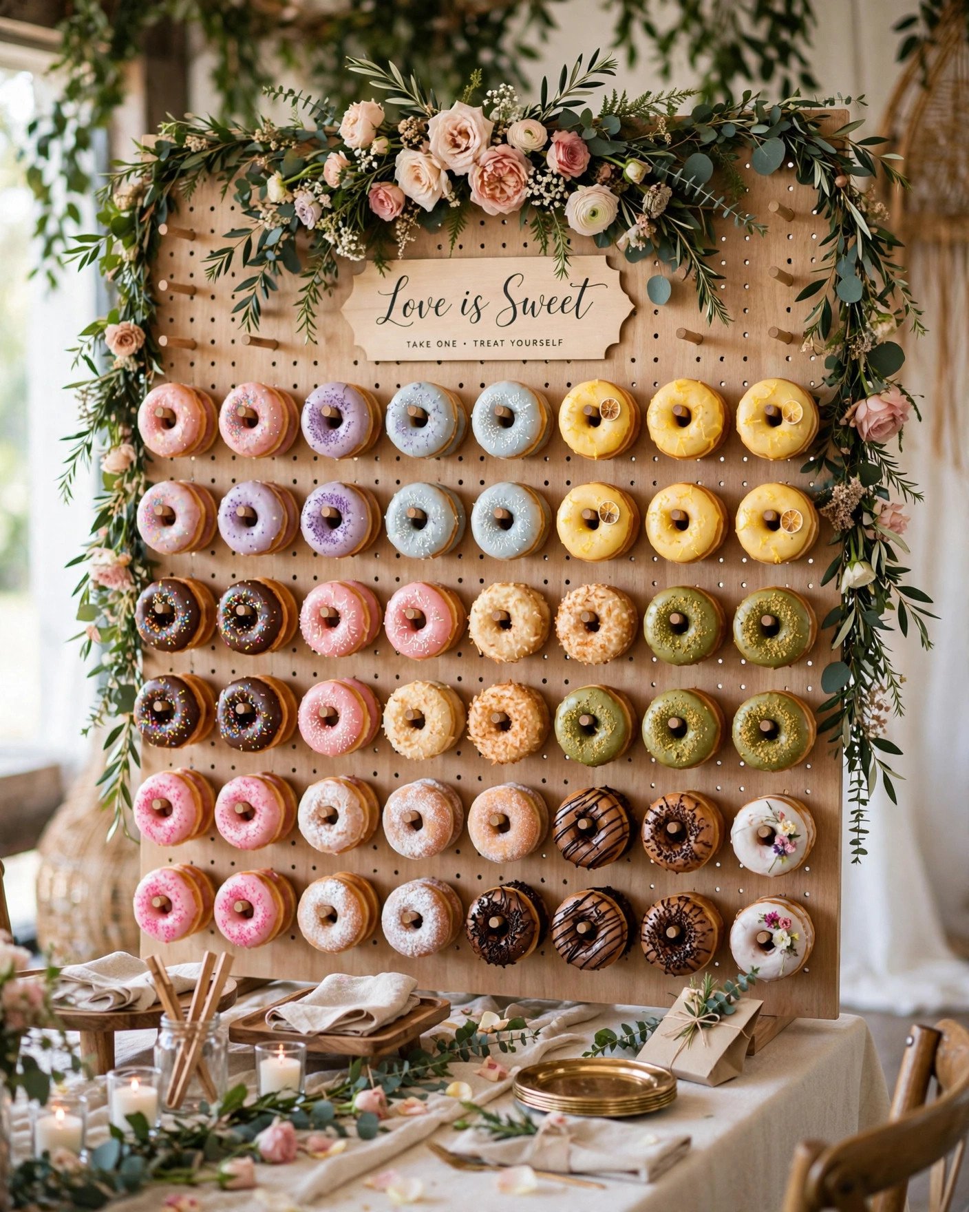 Styled wedding dessert table with donuts and flowers budget decor