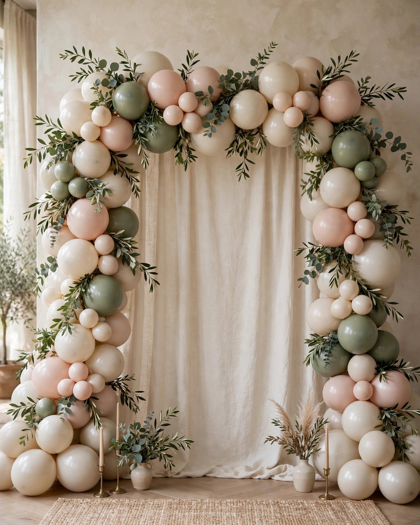 Elegant balloon garland wedding decor in neutral tones budget installation