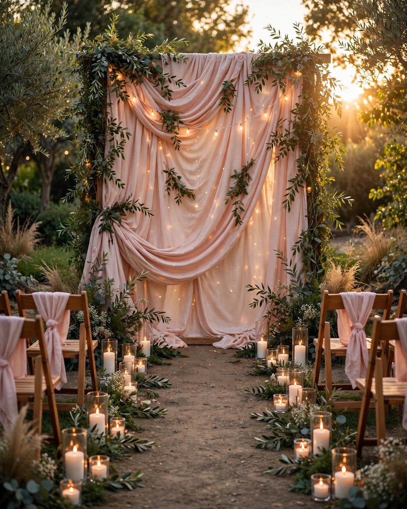 Beautiful budget wedding decor with draped fabric fairy lights and greenery
