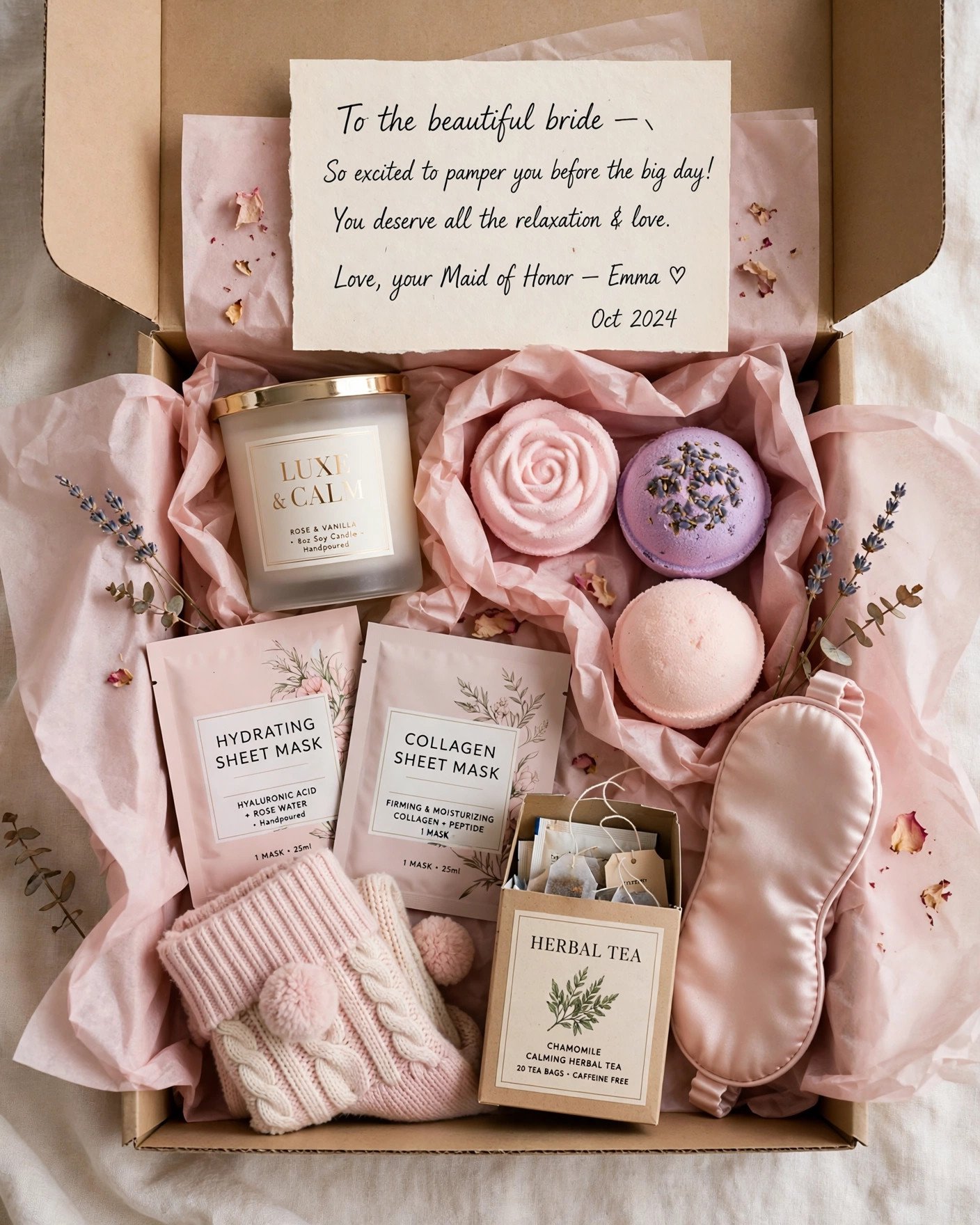 Maid of honor gift box for bride with pampering spa items