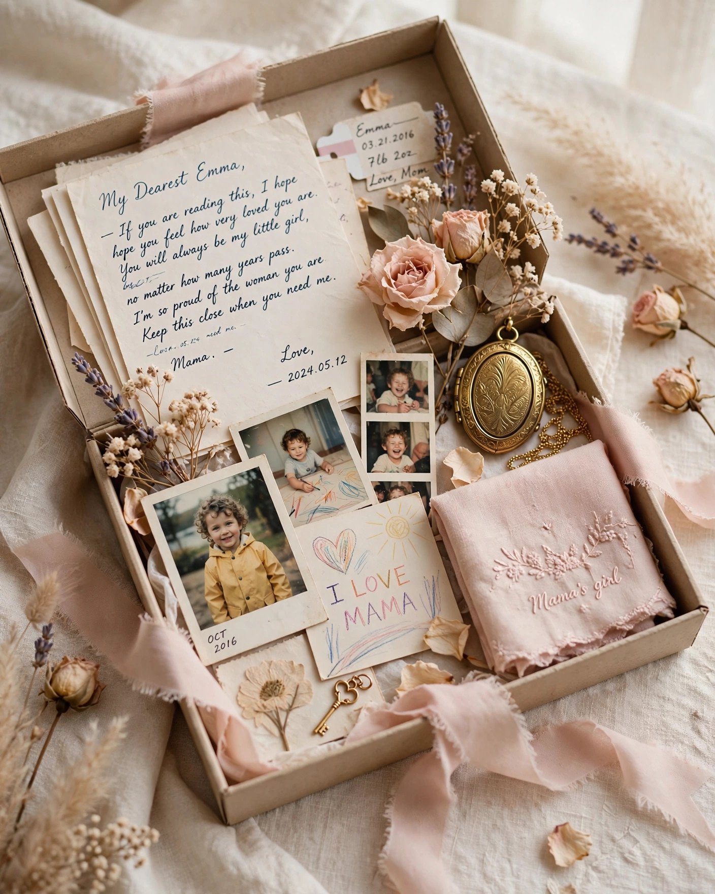 Sentimental keepsake box from mom with letters and photos for the bride