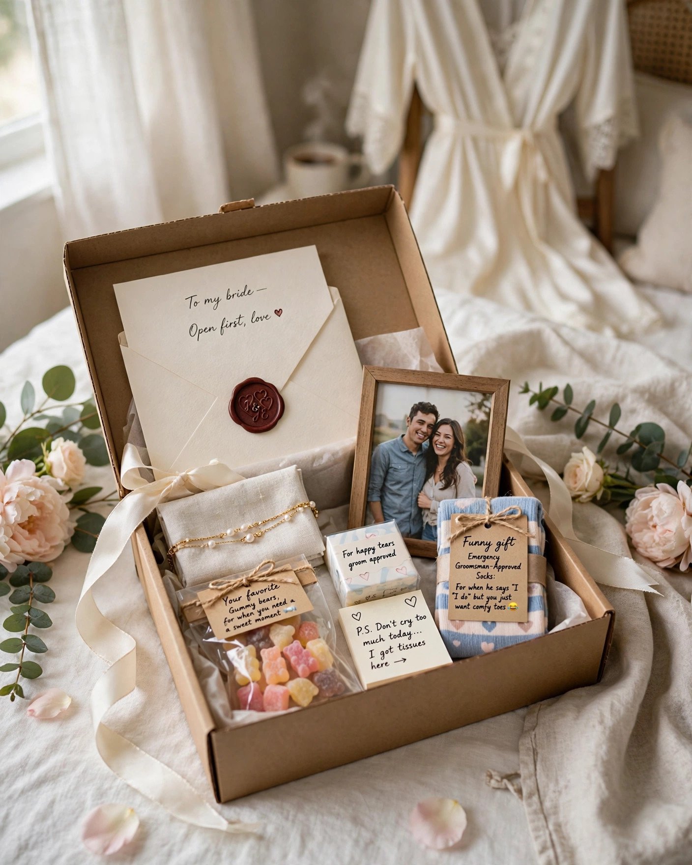 Sweet wedding morning gift box from the groom with love notes