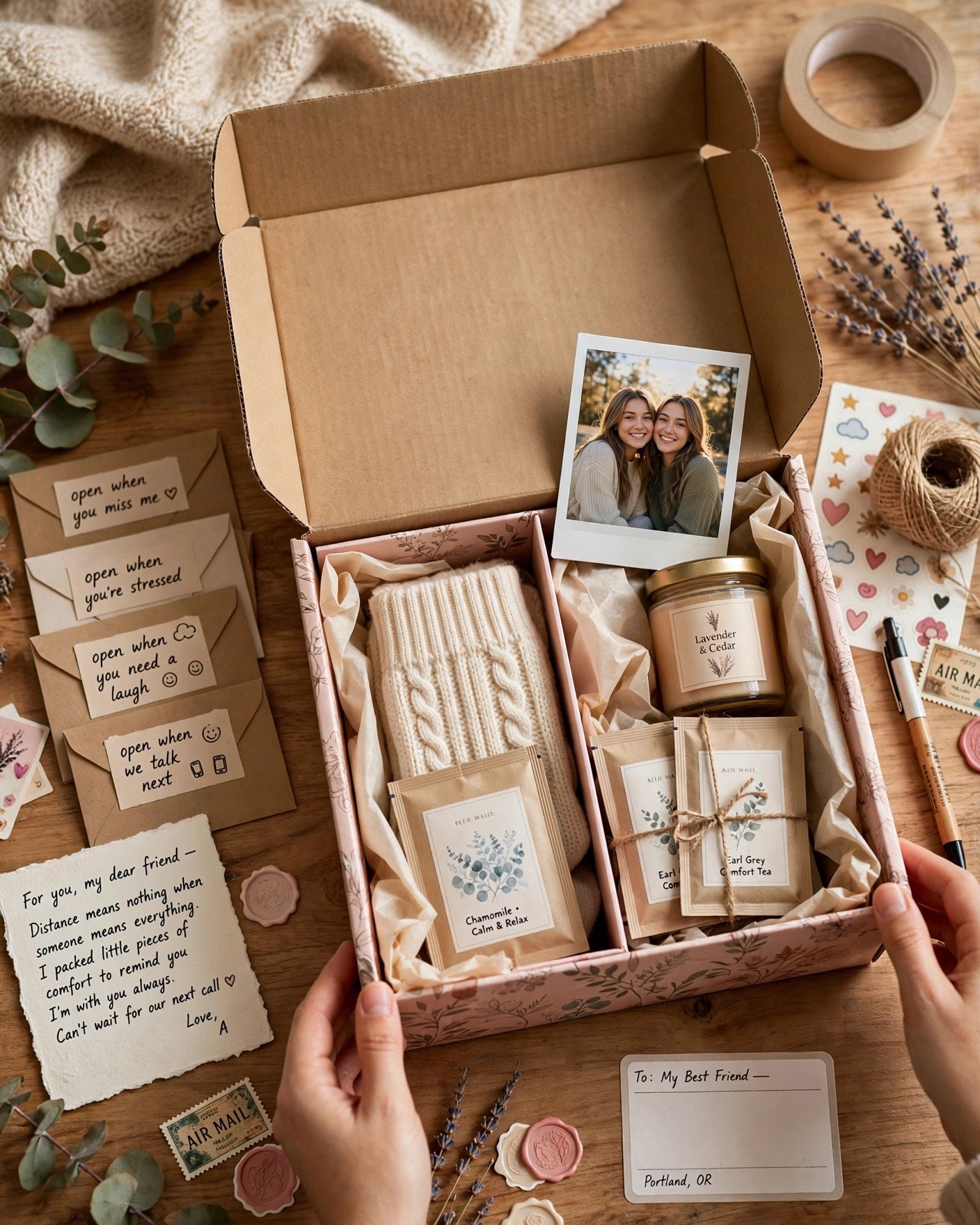 Long distance friendship gift box being packed for mailing to the bride