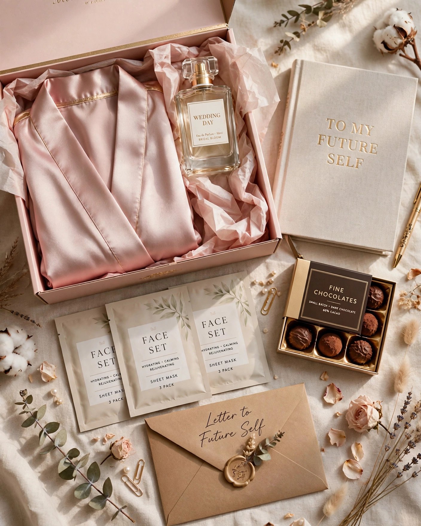 Bride treating herself with a self-care gift box before the wedding