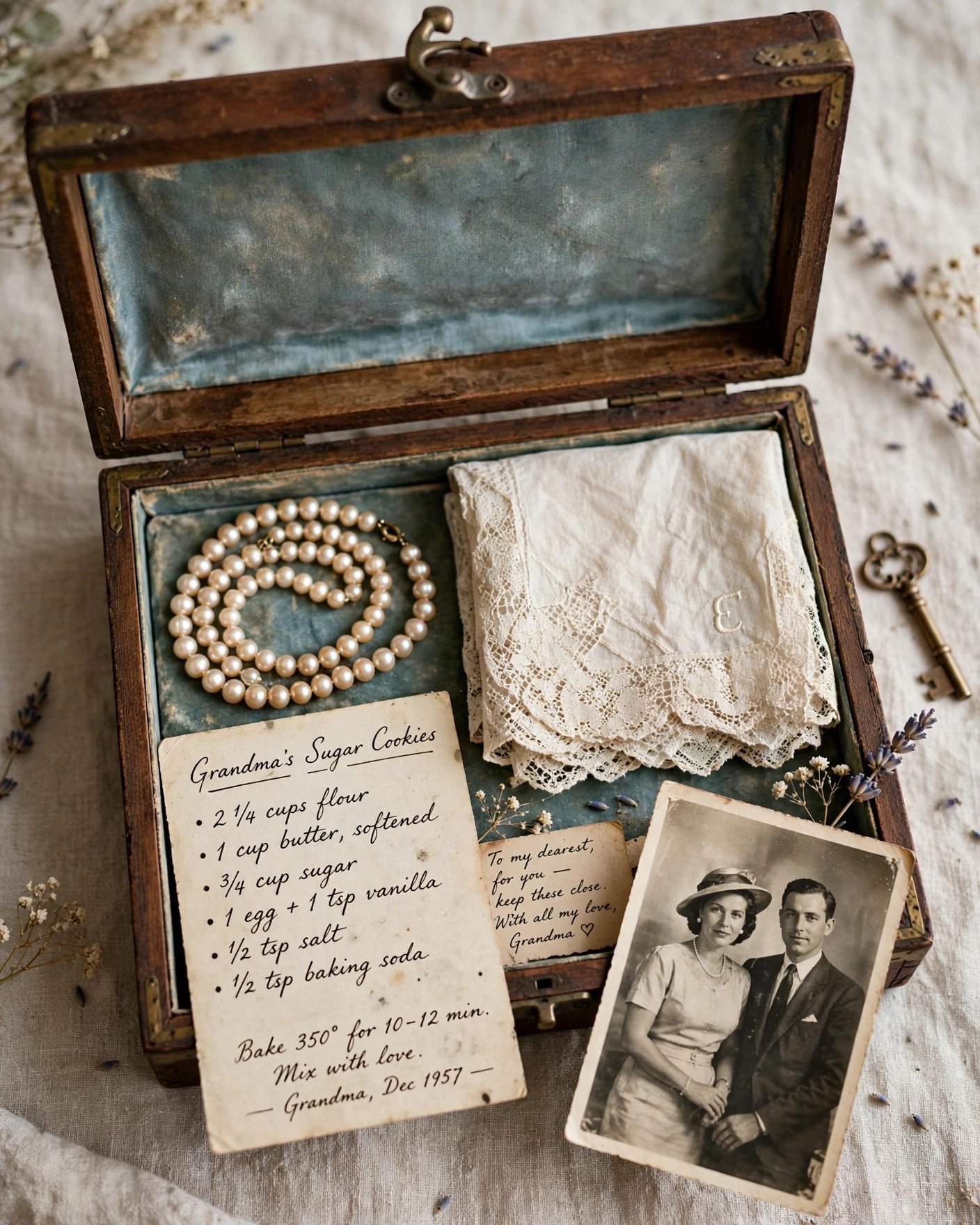 Heirloom gift box from grandma with vintage treasures for the bride