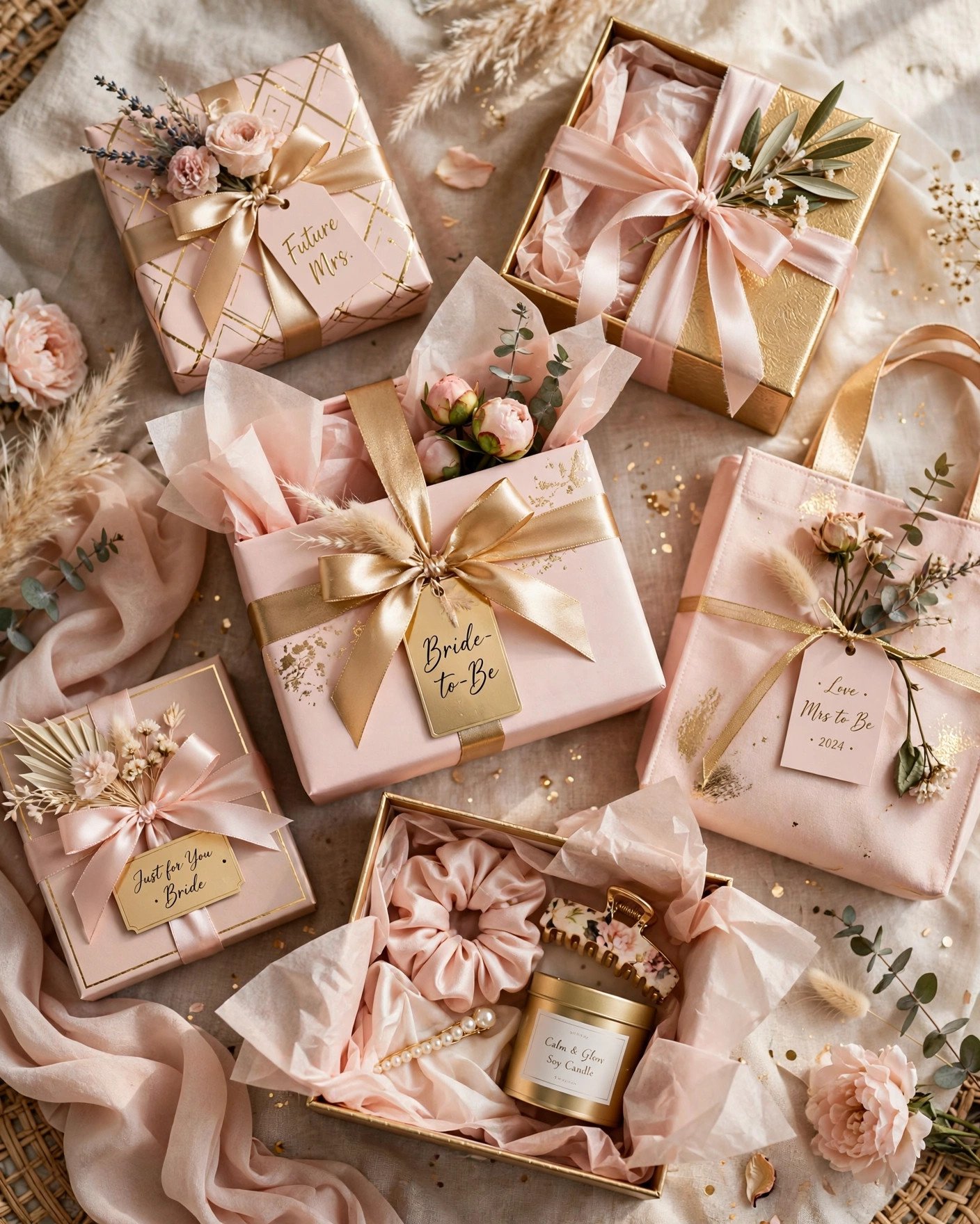 Beautiful bride-to-be gift boxes in blush and gold with ribbons