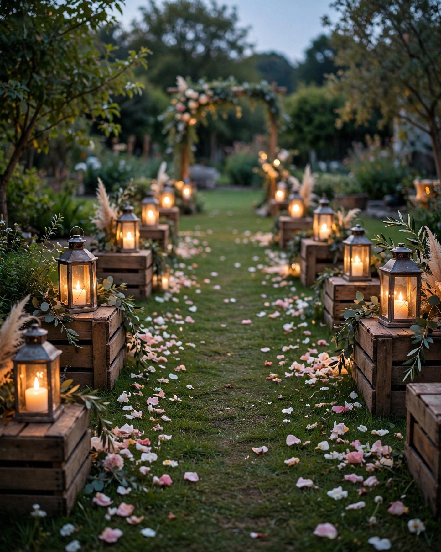Wedding aisle lined with glowing lanterns on wooden crates