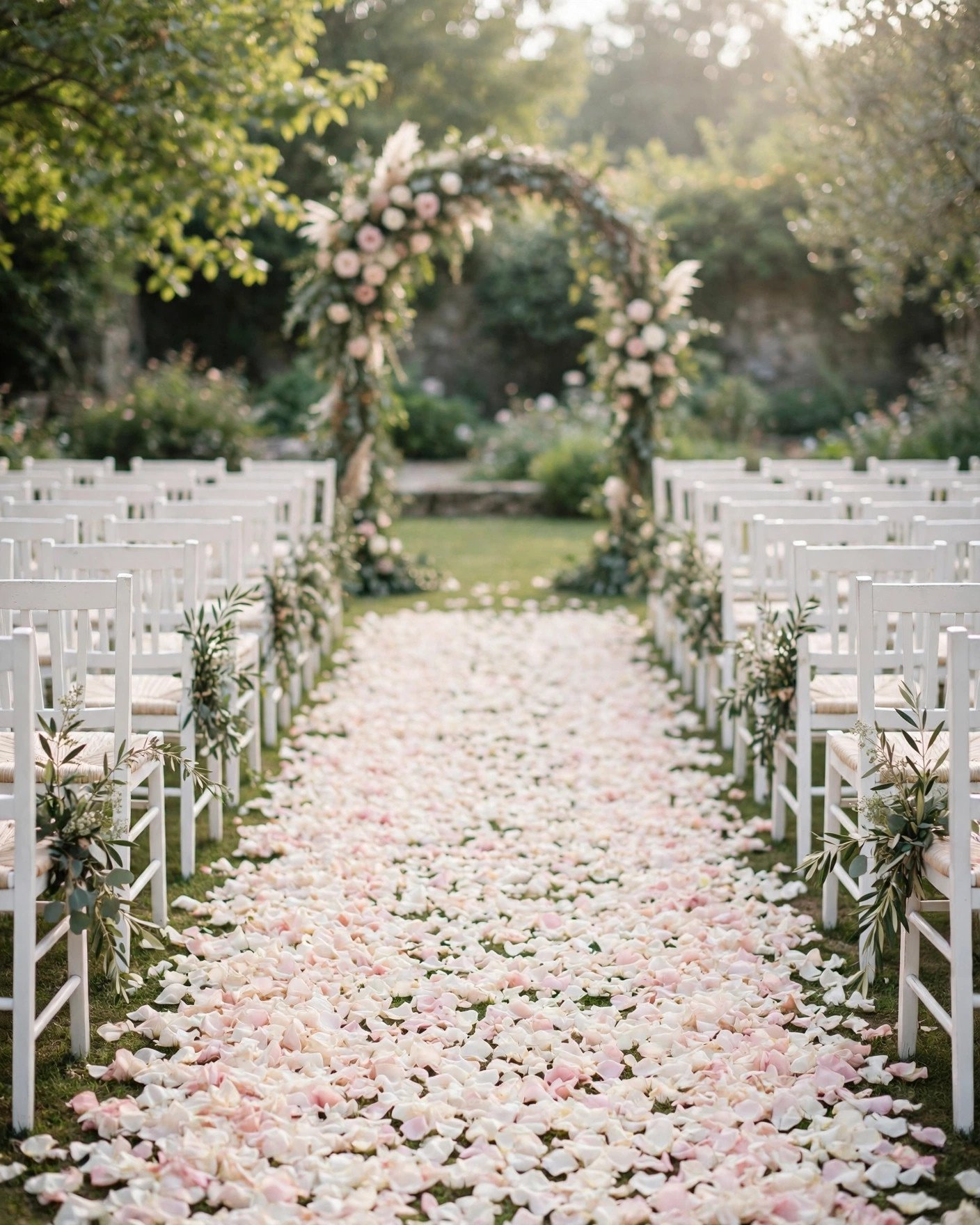 Rose petals scattered as a carpet down the wedding aisle