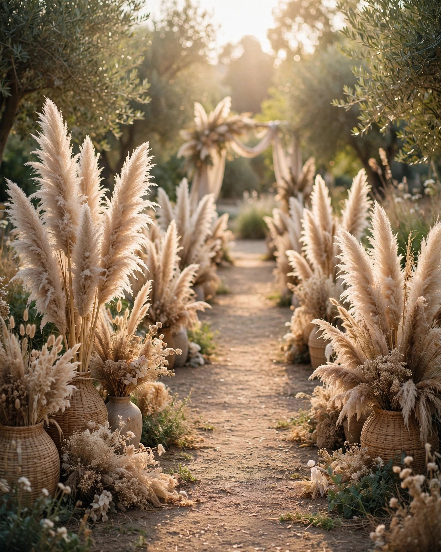 Pampas grass clusters decorating a boho wedding aisle