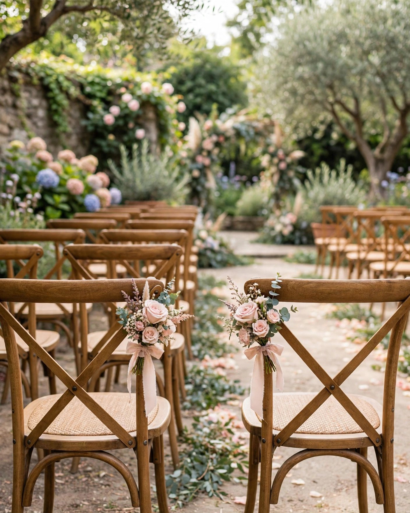 Wedding aisle chairs decorated with floral posies and ribbon