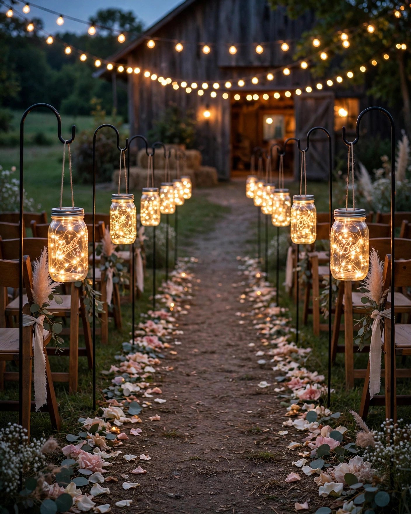 Mason jars with string lights hanging along a wedding aisle